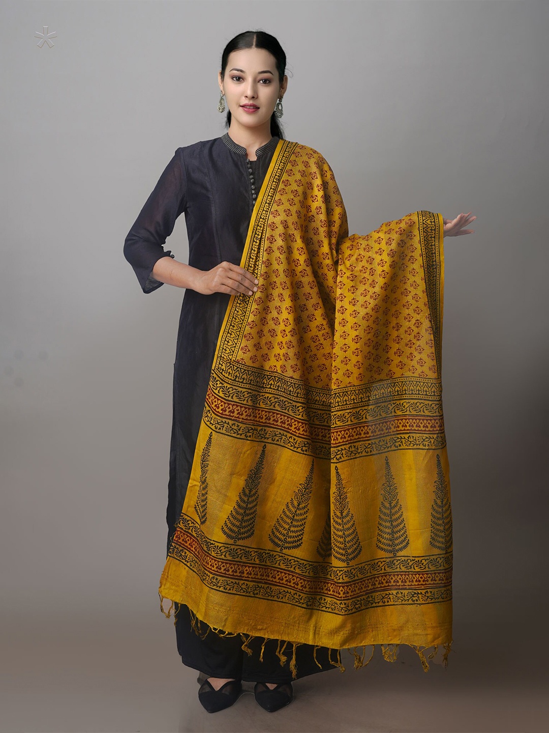 

Unnati Silks Ethnic Motifs Block Printed Pure Cotton Dupatta, Green