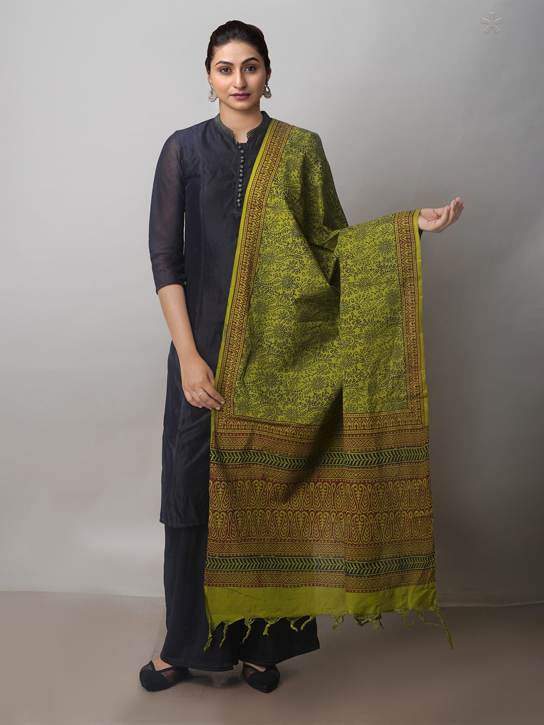 

Unnati Silks Ethnic Motifs Block Printed Pure Cotton Dupatta, Green