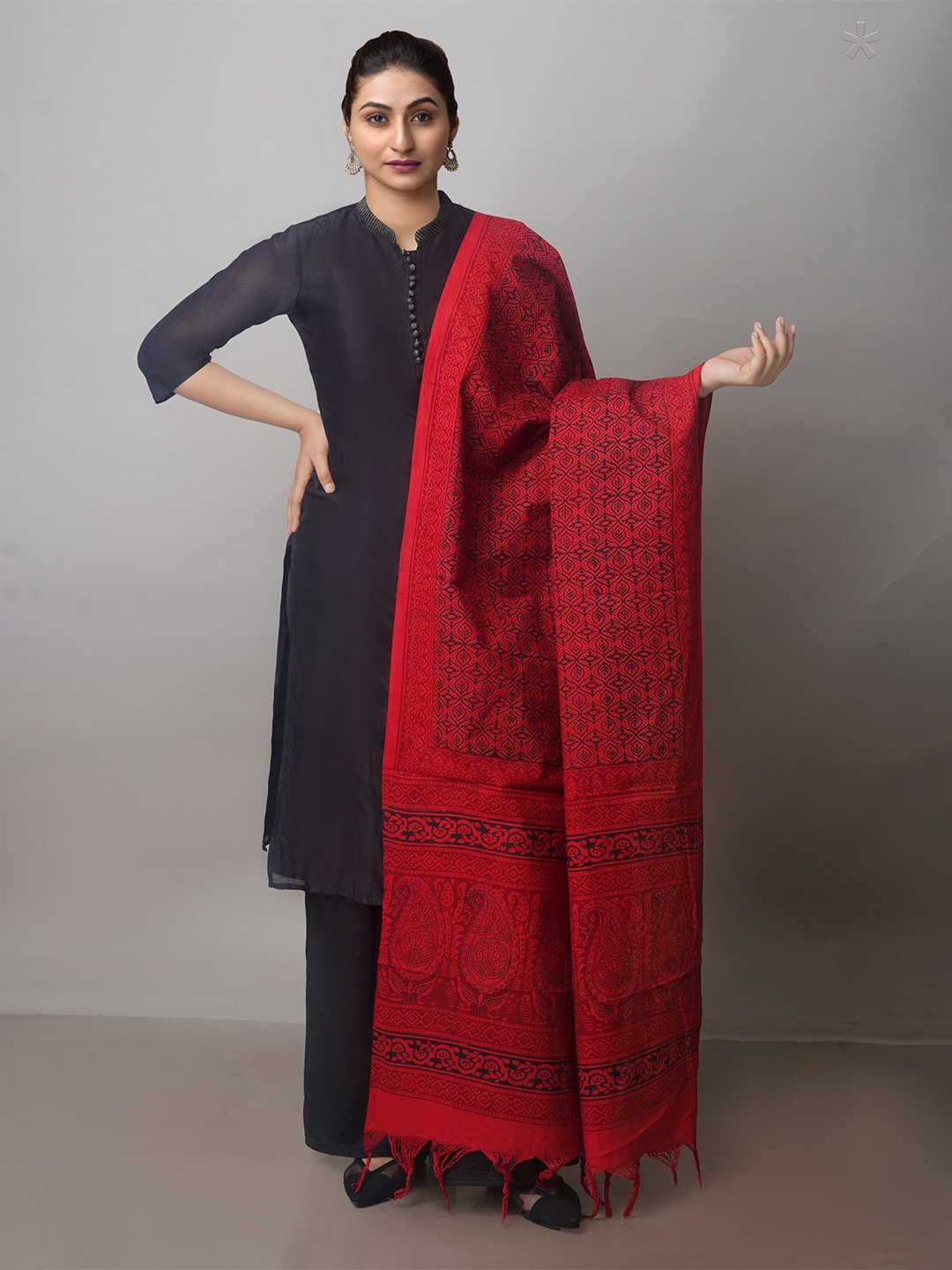 

Unnati Silks Ethnic Motifs Block Printed Pure Cotton Dupatta, Red