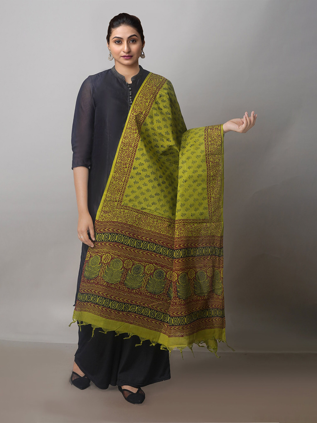 

Unnati Silks Ethnic Motifs Printed Pure Cotton Block Print Dupatta, Green