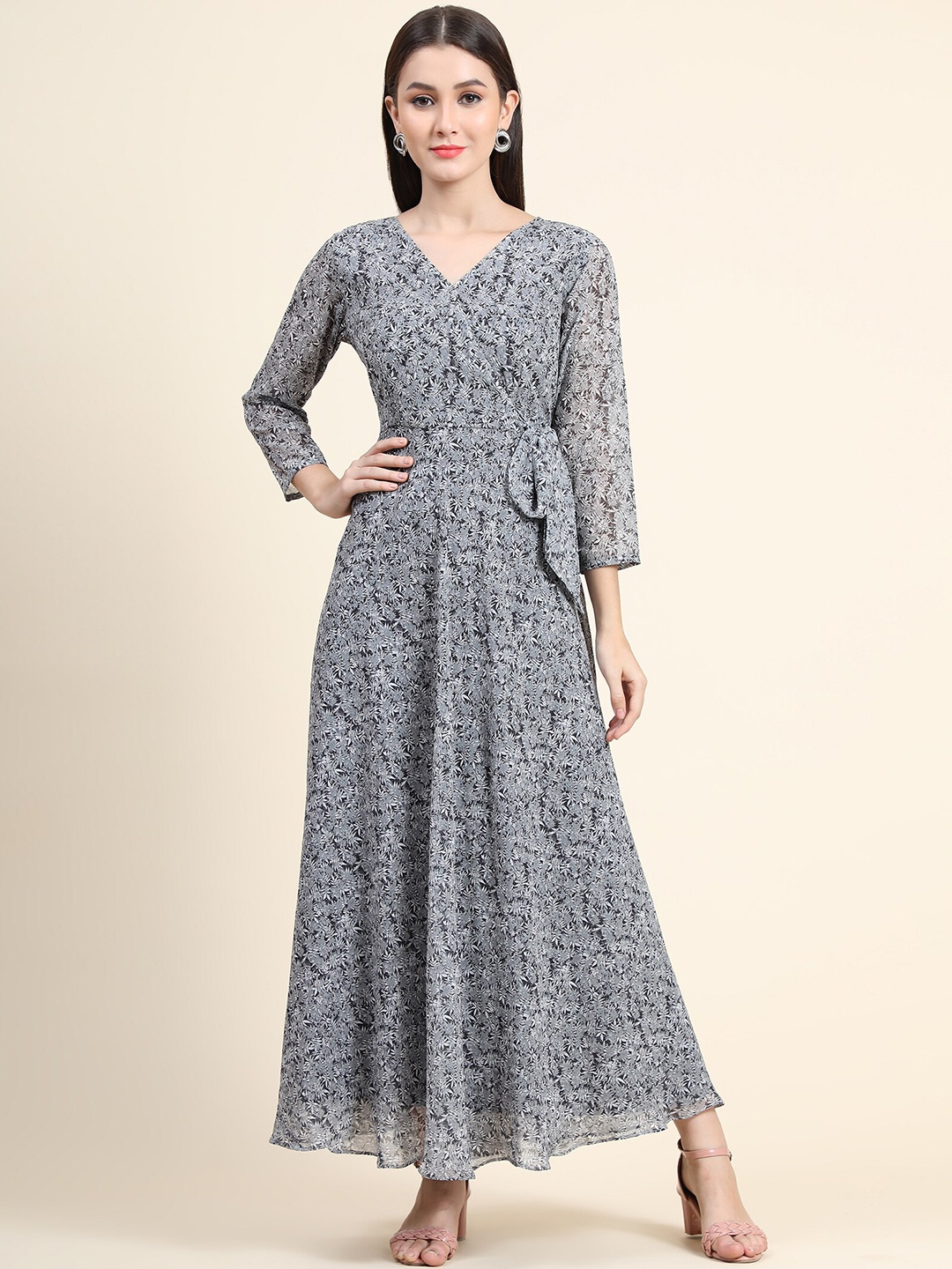 

KALINI Floral Printed Angrakha Ethnic Dress, Grey