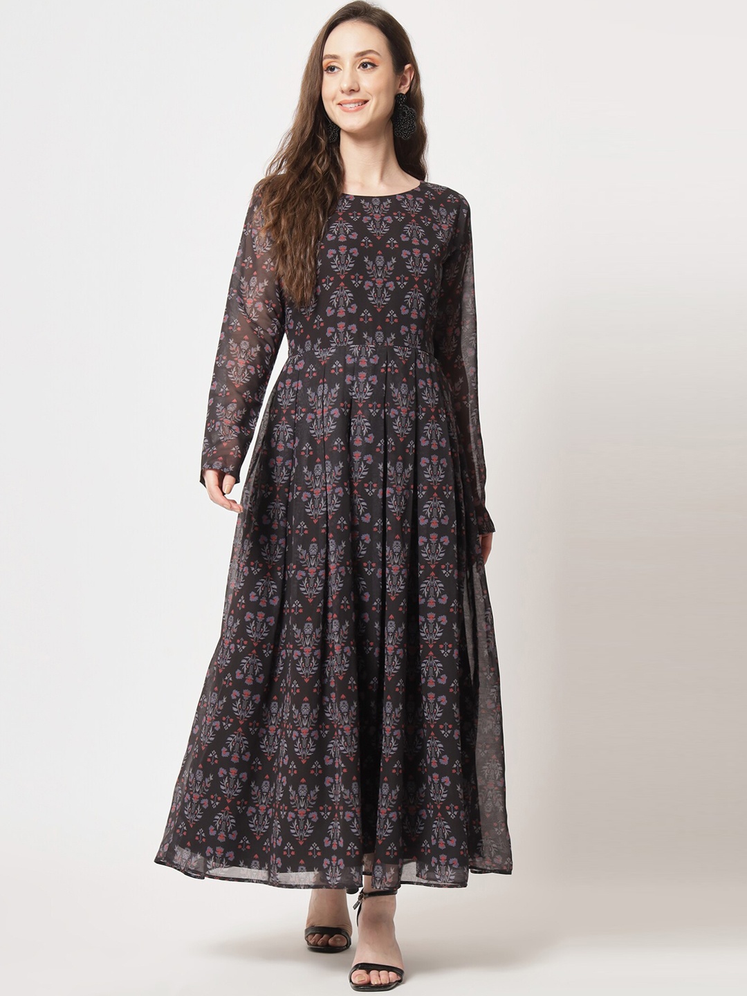 

KALINI Printed Fit & Flared Dress, Black