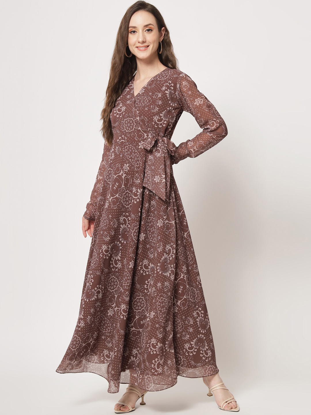 

KALINI Printed Fit & Flared Angrakha Dress, Brown