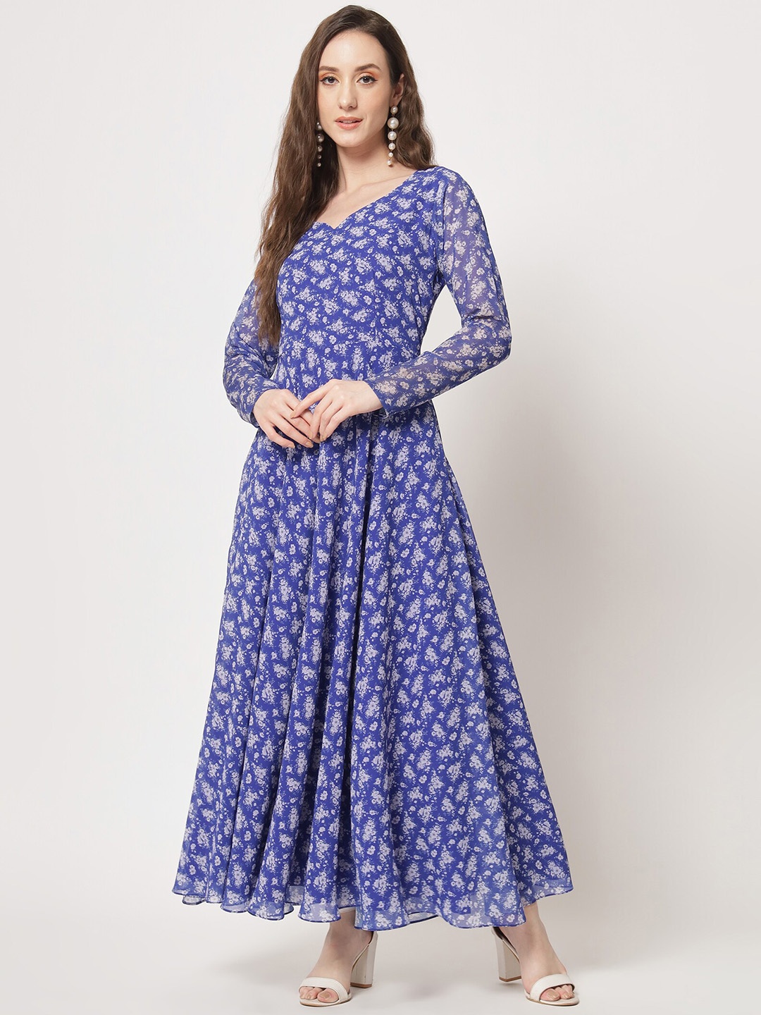 

KALINI Women Floral Print Sweetheart Neck Fit & Flare Maxi Ethnic Dress, Blue