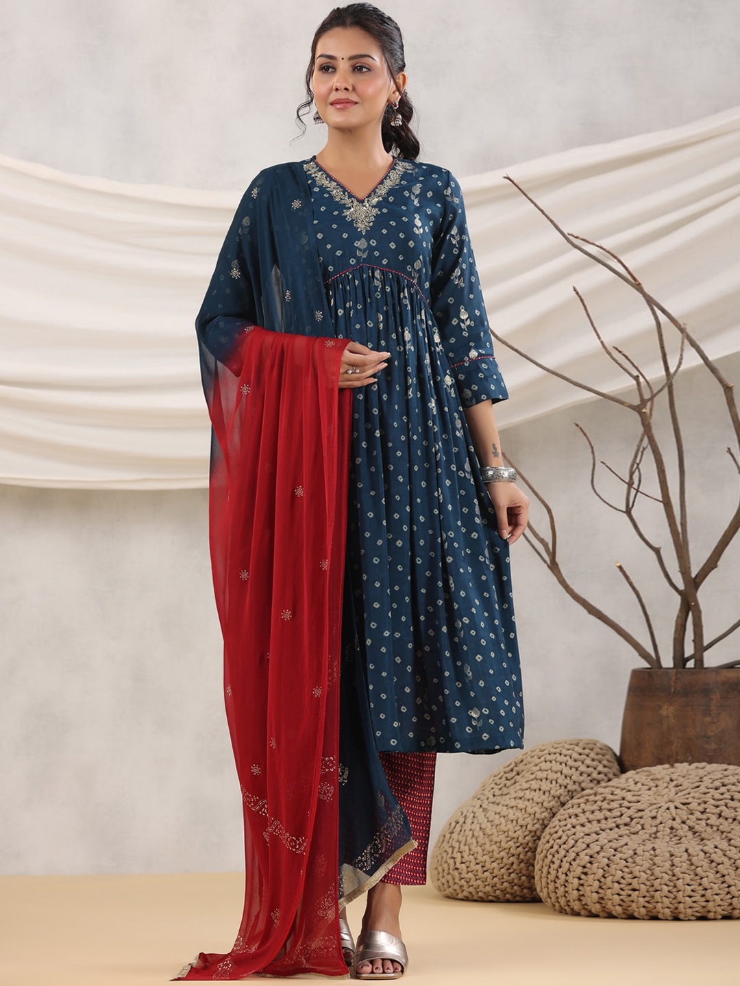 

Rain & Rainbow Bandhani Printed Empire Kurta With Trousers & Dupatta, Blue