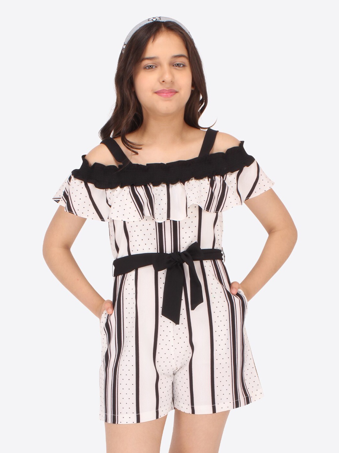 

CUTECUMBER Girls Striped Cold Shoulder Waist Tie Ups Playsuit Jumpsuit, Cream