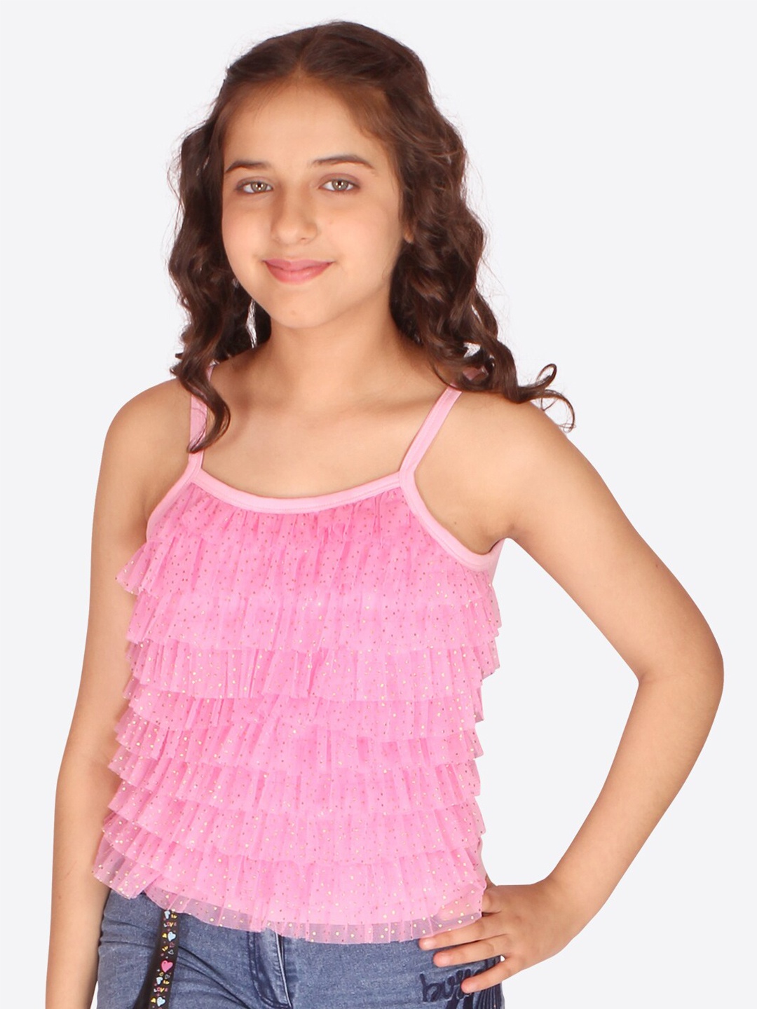 

CUTECUMBER Girls Shoulder Strap Frill Top, Pink