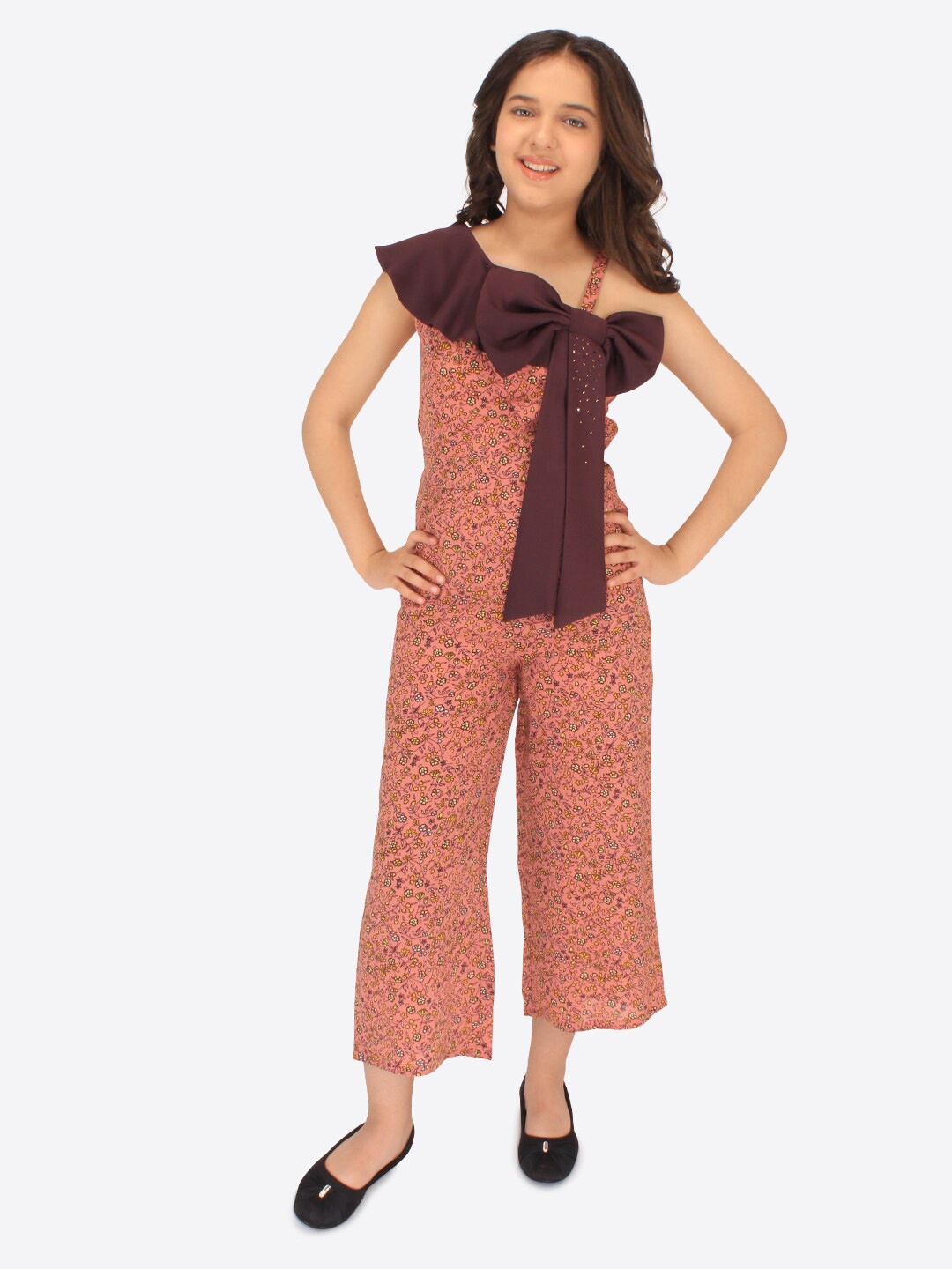 

CUTECUMBER Girls Printed Ruffles & Bow Details Basic Jumpsuit, Pink