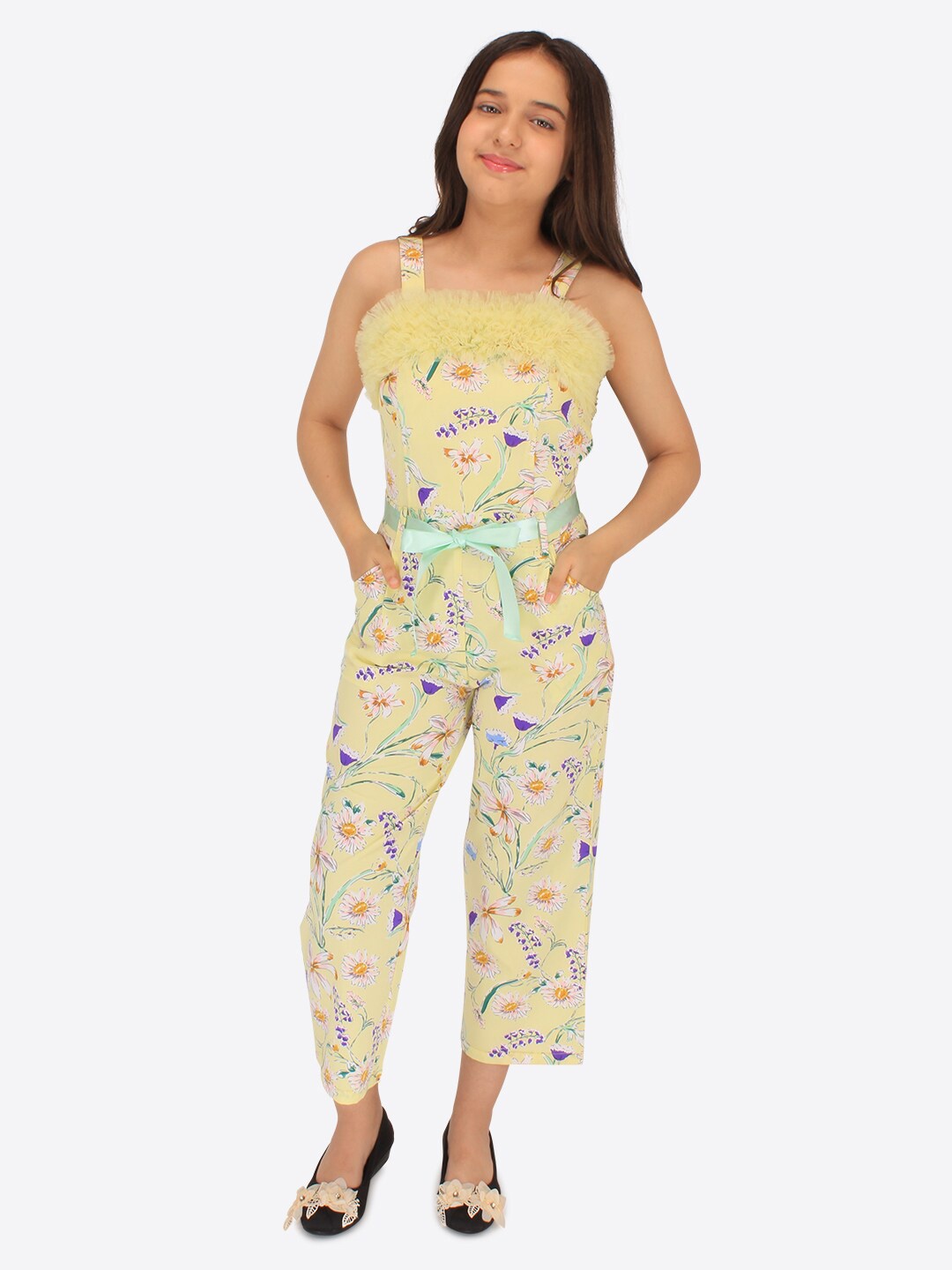 

CUTECUMBER Girls Floral Printed Shoulder Straps Ruffles Waist Tie Ups Culotte Jumpsuit, Yellow