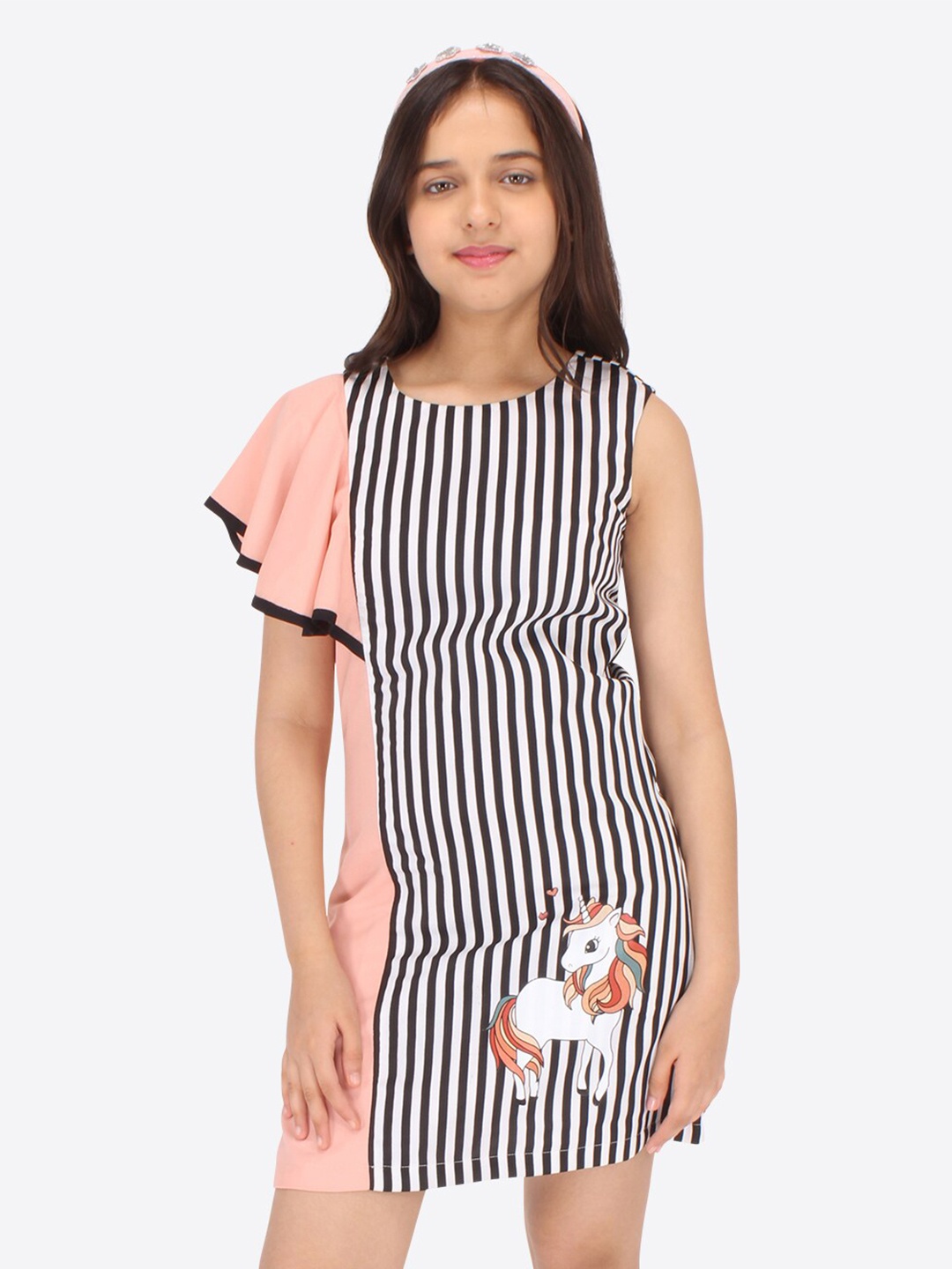 

CUTECUMBER Girls Flared Sleeves Striped Applique Georgette Sheath Dress, Black