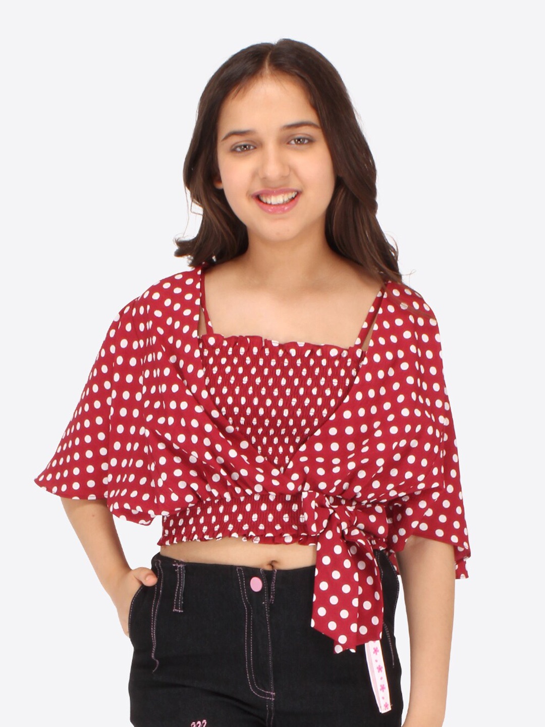 

CUTECUMBER Girls Polka Dot Print Flared Sleeve Wrap Crop Top, Maroon