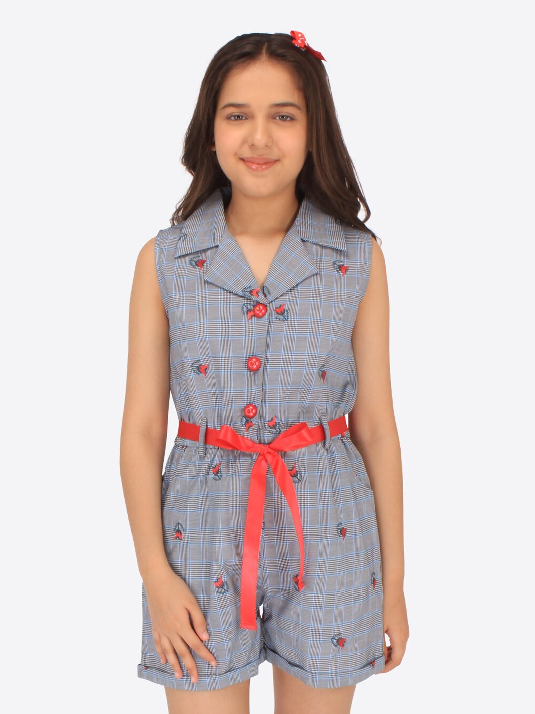 

CUTECUMBER Girls Checked Spread Collar Waist Tie Ups Playsuit Jumpsuit, Grey