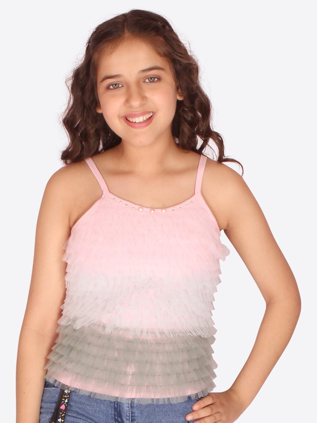 

CUTECUMBER Shoulder Strapped Ruffled Fitted Top, Pink