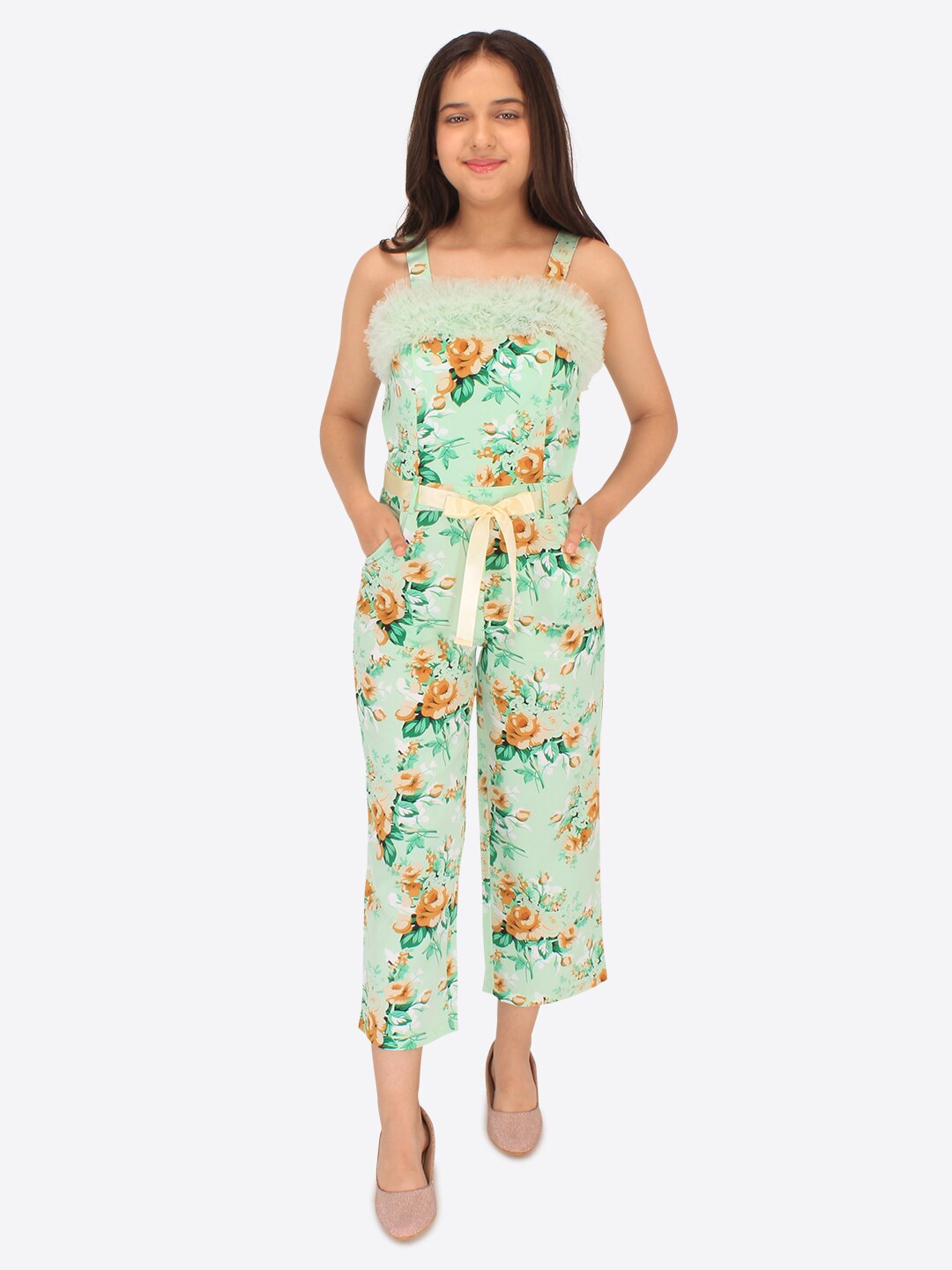 

CUTECUMBER Girls Floral Printed Shoulder Straps Ruffles Waist Tie Ups Culotte Jumpsuit, Green