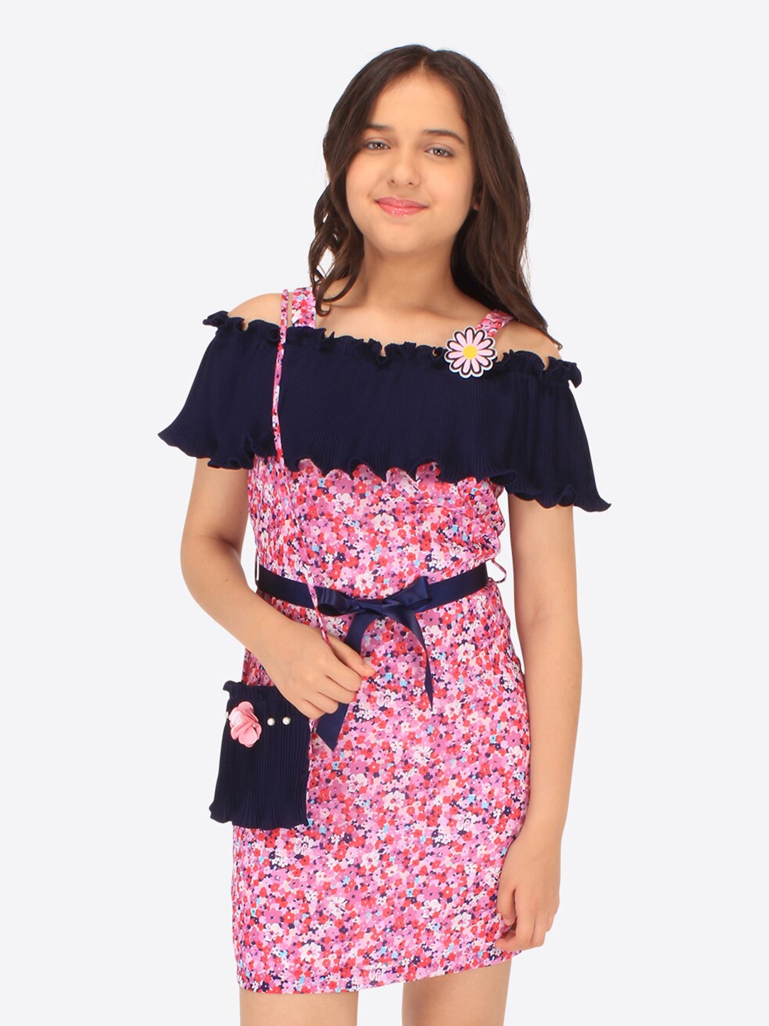 

CUTECUMBER Girls Floral Print Cold-Shoulder Applique Georgette Sheath Dress, Pink