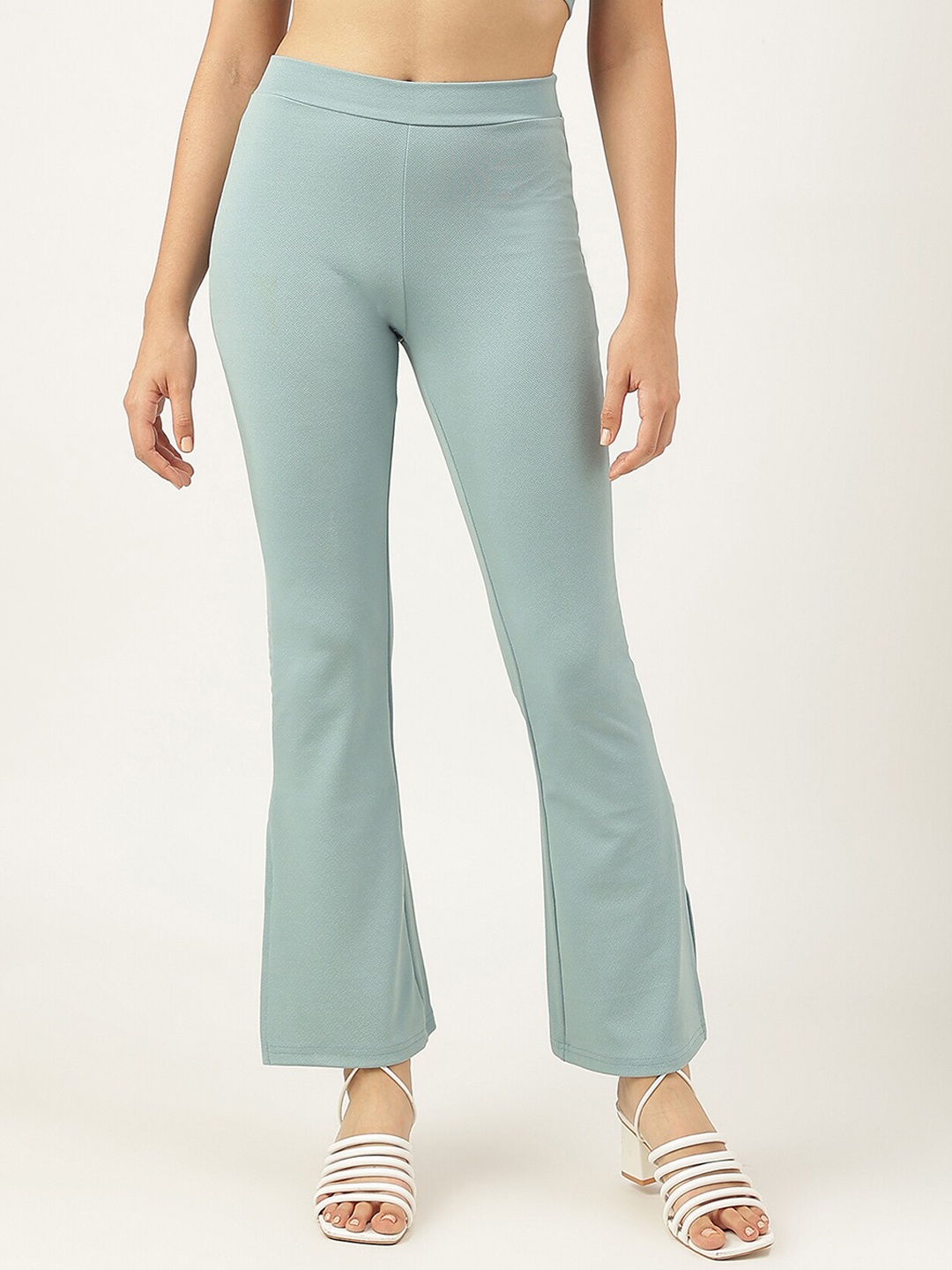 

AAHWAN Women High-Rise Slit Hem Flared Bootcut Trousers, Green