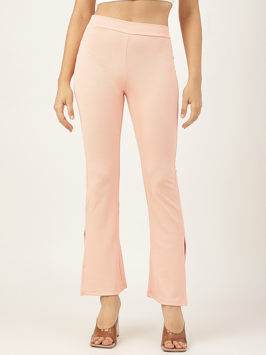 

AAHWAN Women High-Rise Slit Hem Flared Bootcut Trousers, Peach