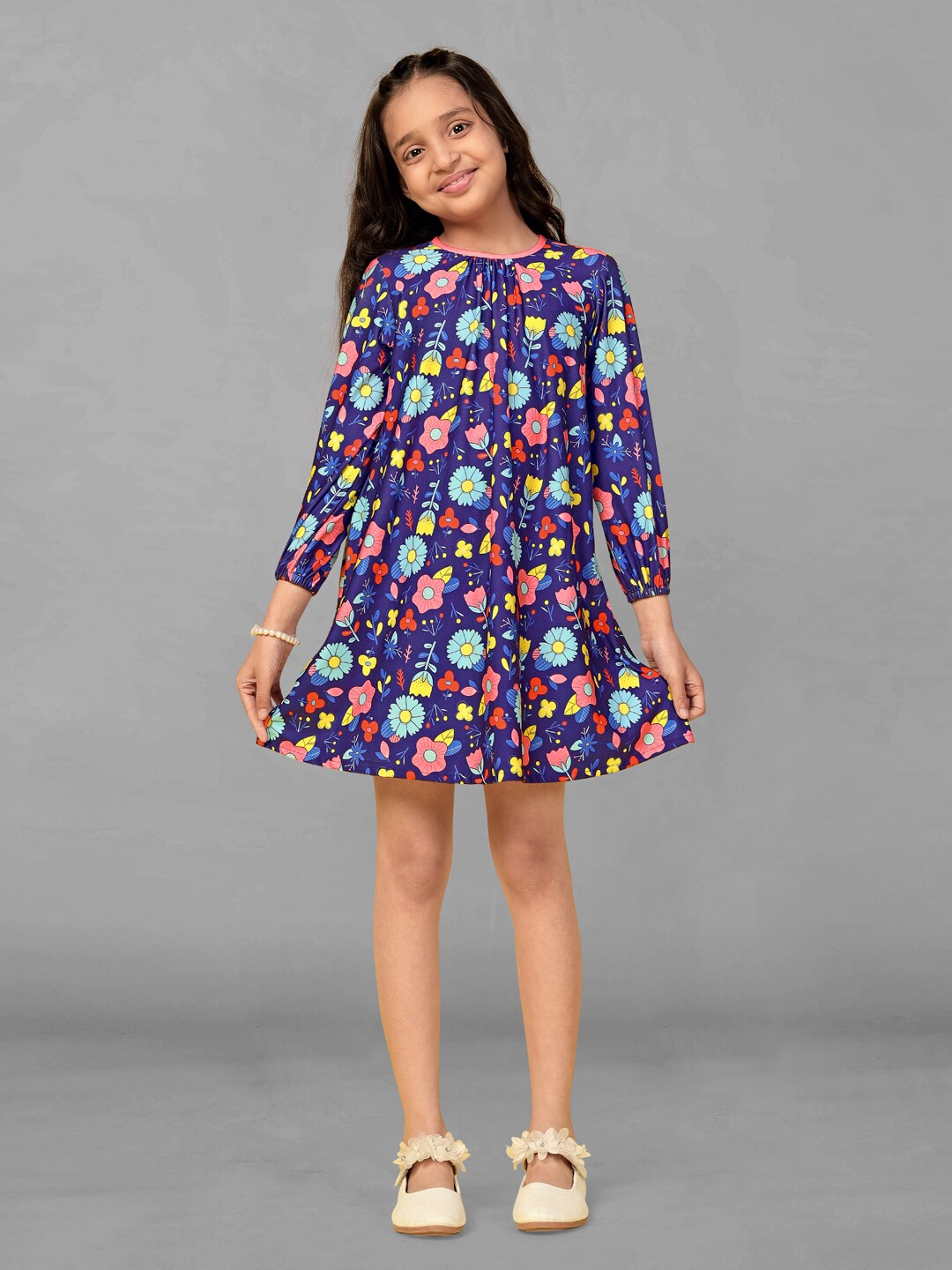 

FASHION DREAM Girls Floral Printed A-Line Dress, Navy blue