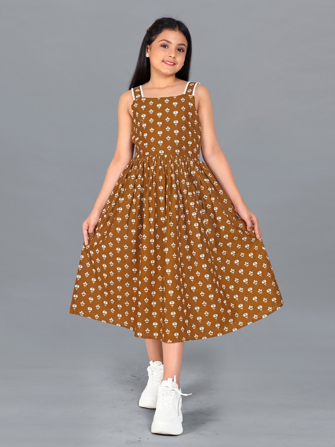 

FASHION DREAM Girls Ethnic Motifs Print Fit and Flare Midi Dress, Brown