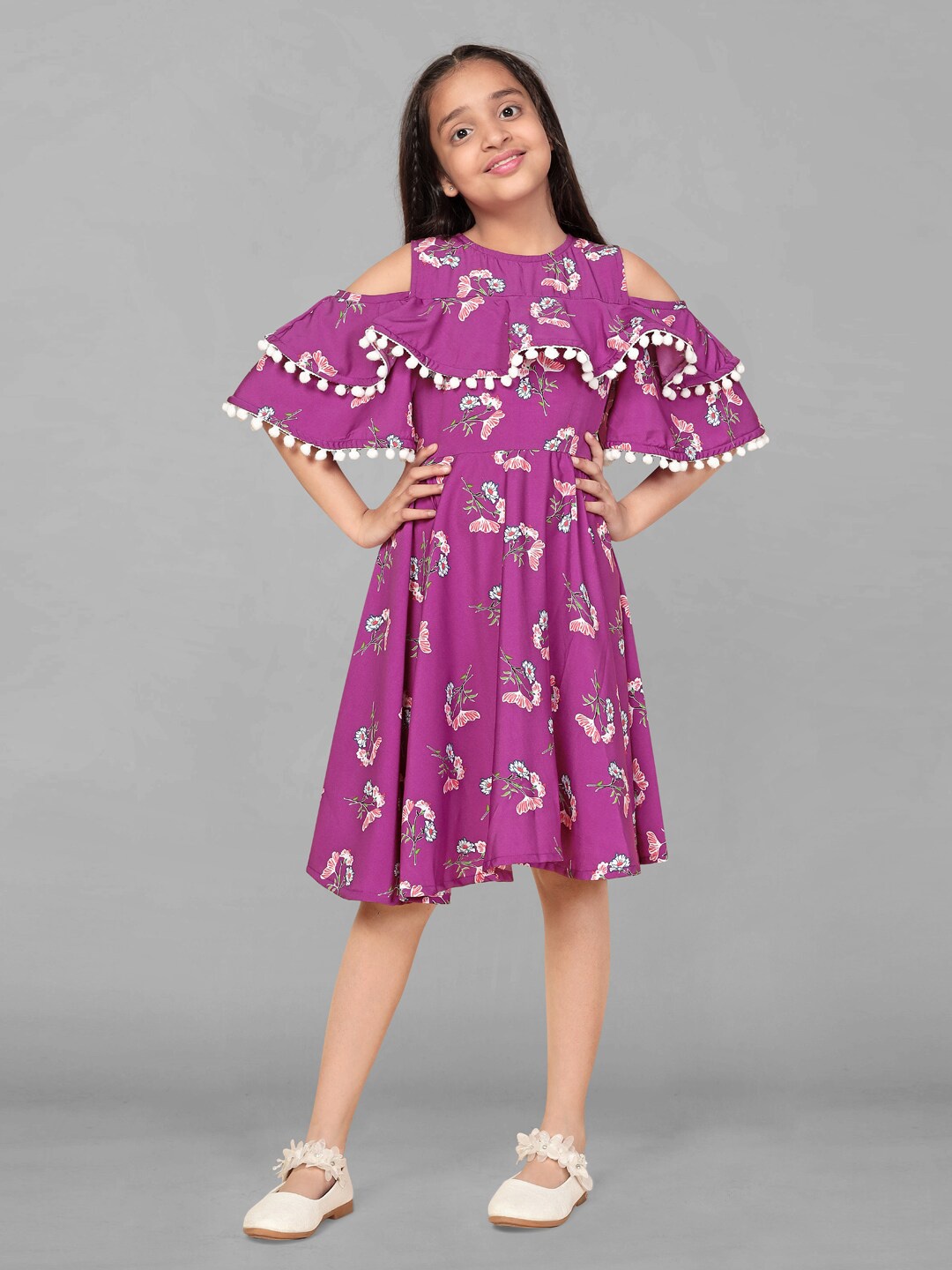 

FASHION DREAM Girls Print Cold-Shoulder Ruffled Crepe Fit & Flare Dress, Purple