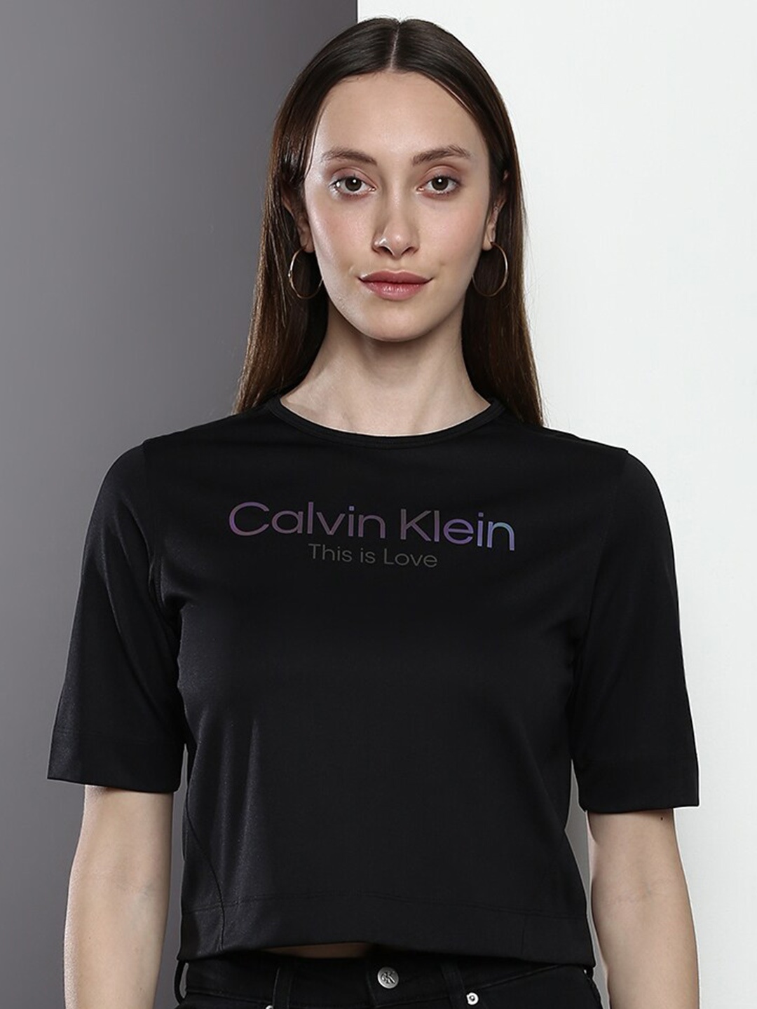

Calvin Klein Jeans Typography Printed Crop Casual T-Shirt, Black