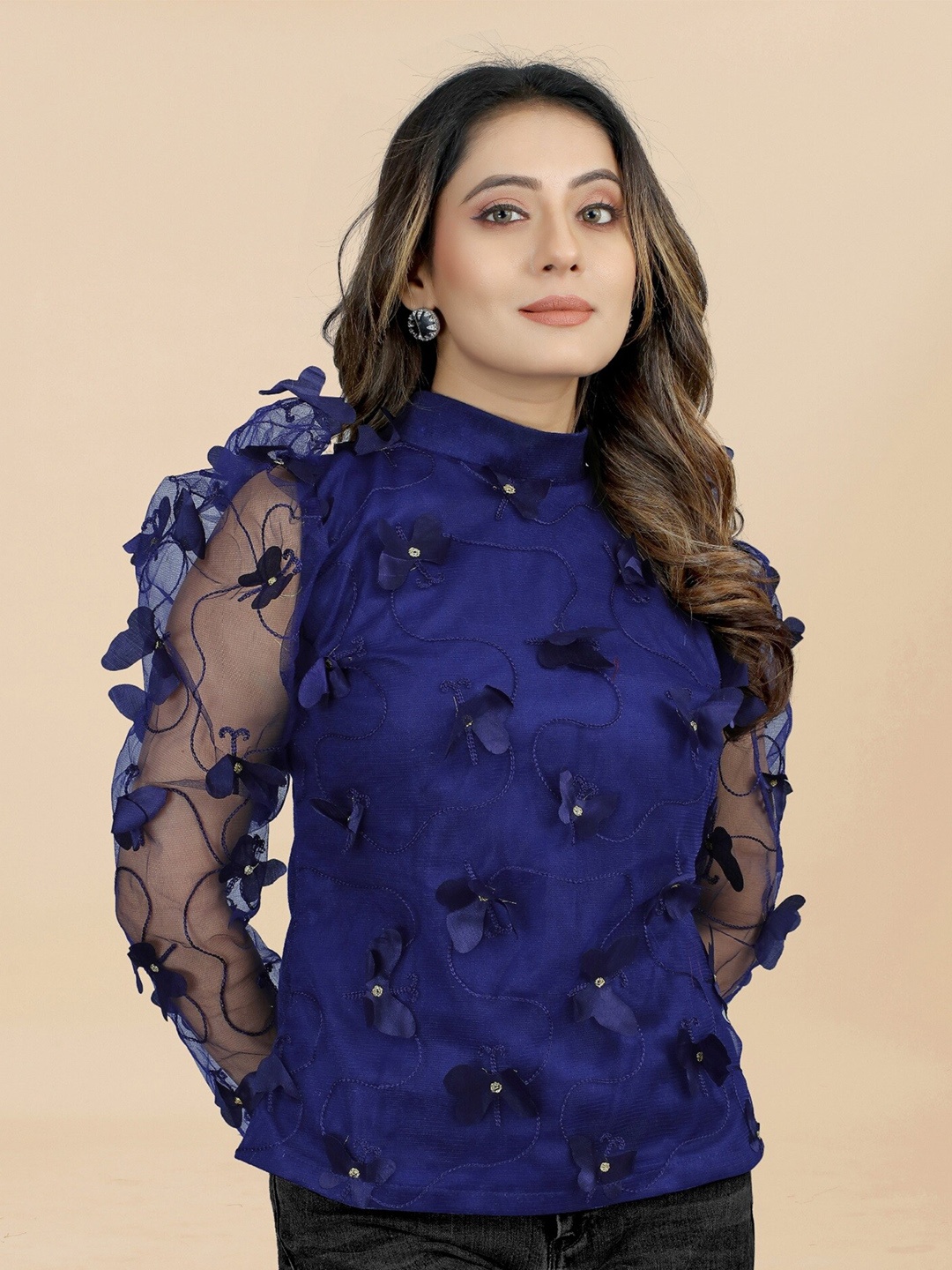

APNISHA Floral Embroidered High Neck Puff Sleeves Top, Navy blue