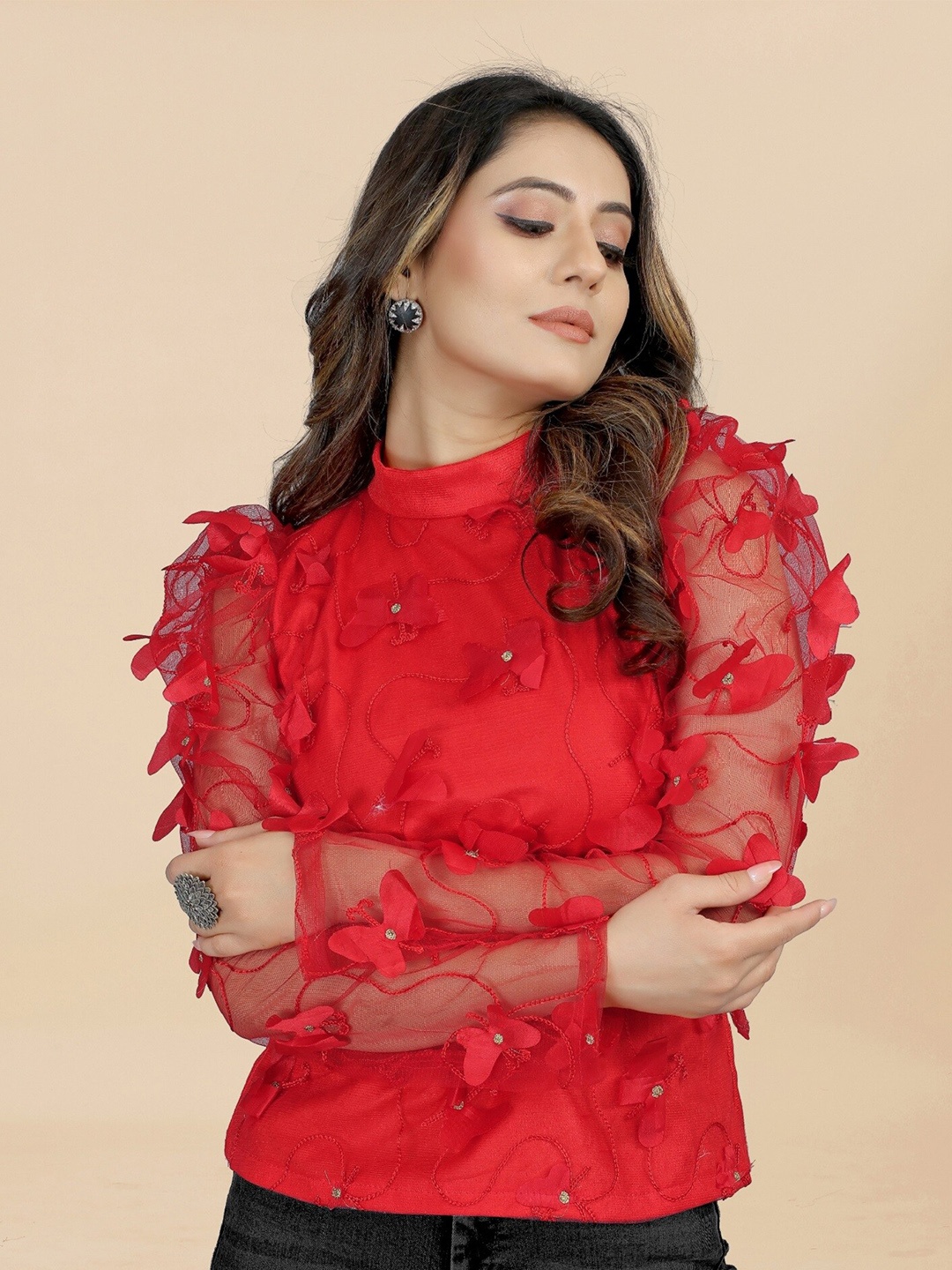 

APNISHA Floral Embroidered High Neck Puff Sleeves Top, Red