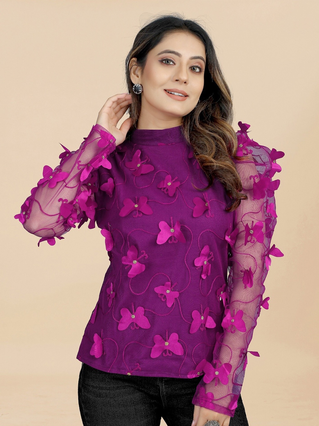 

APNISHA Floral Embroidered High Neck Puff Sleeves Top, Magenta