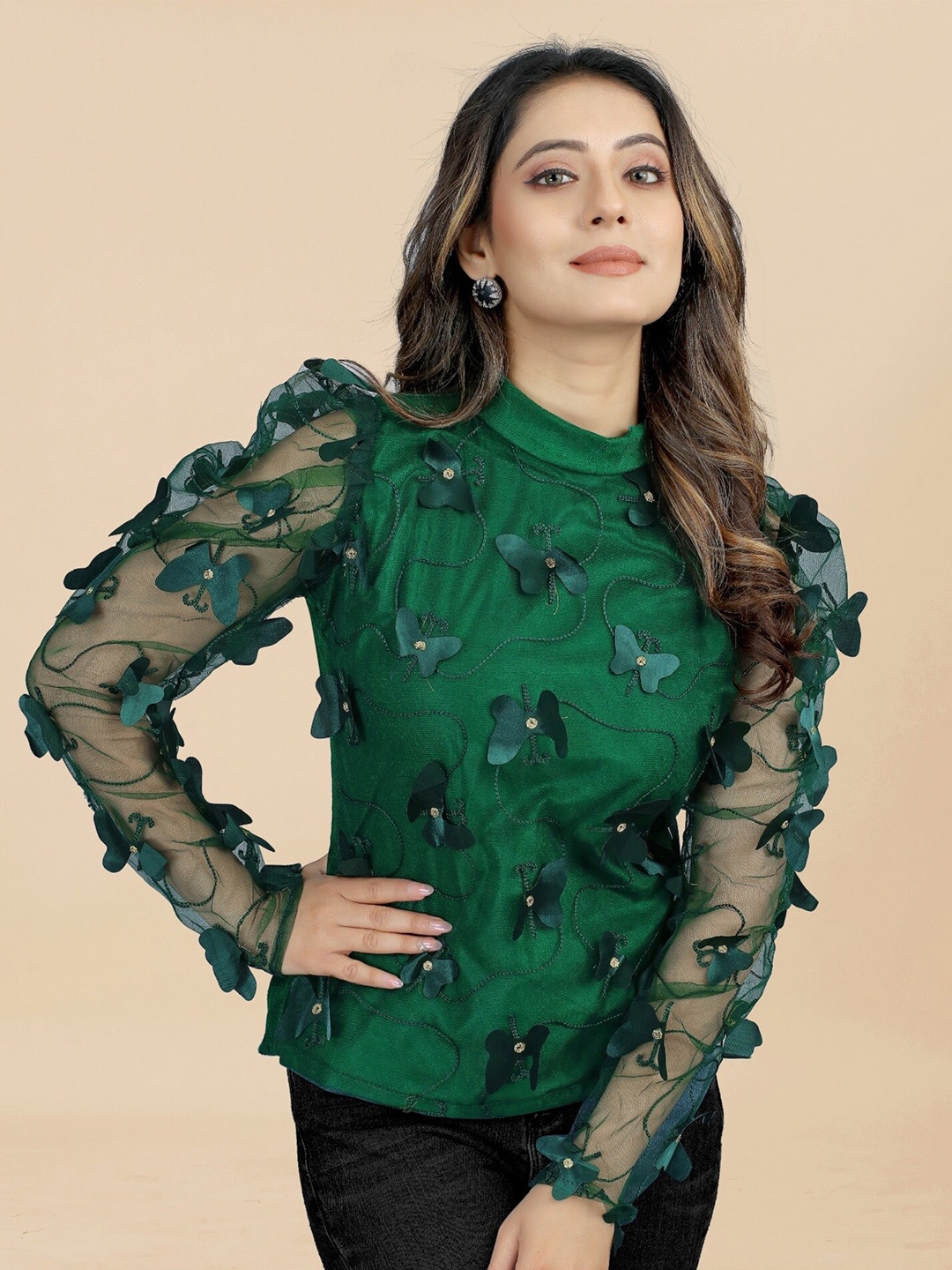 

APNISHA Floral Embroidered High Neck Puff Sleeves Top, Green