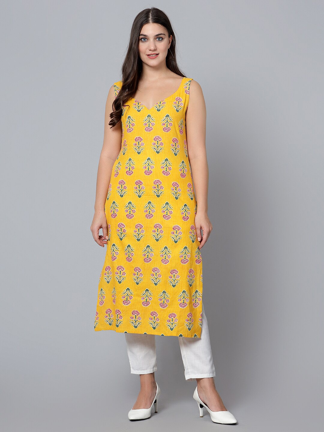 

Bani Women Floral Printed Shoulder Straps Pure Cotton Kurta, Yellow