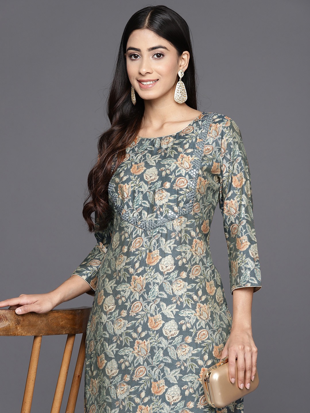 

Libas Floral Printed Mirror Work Kurta, Grey