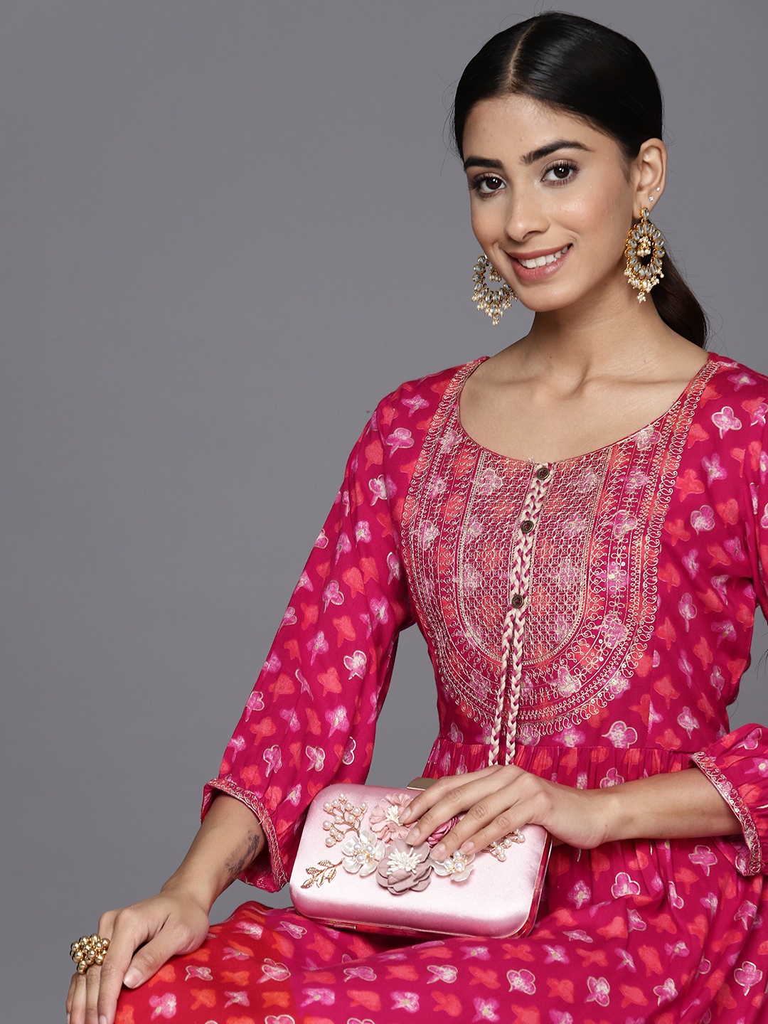 

Libas Magenta Ethnic Motifs Fit & Flare Midi Ethnic Dress