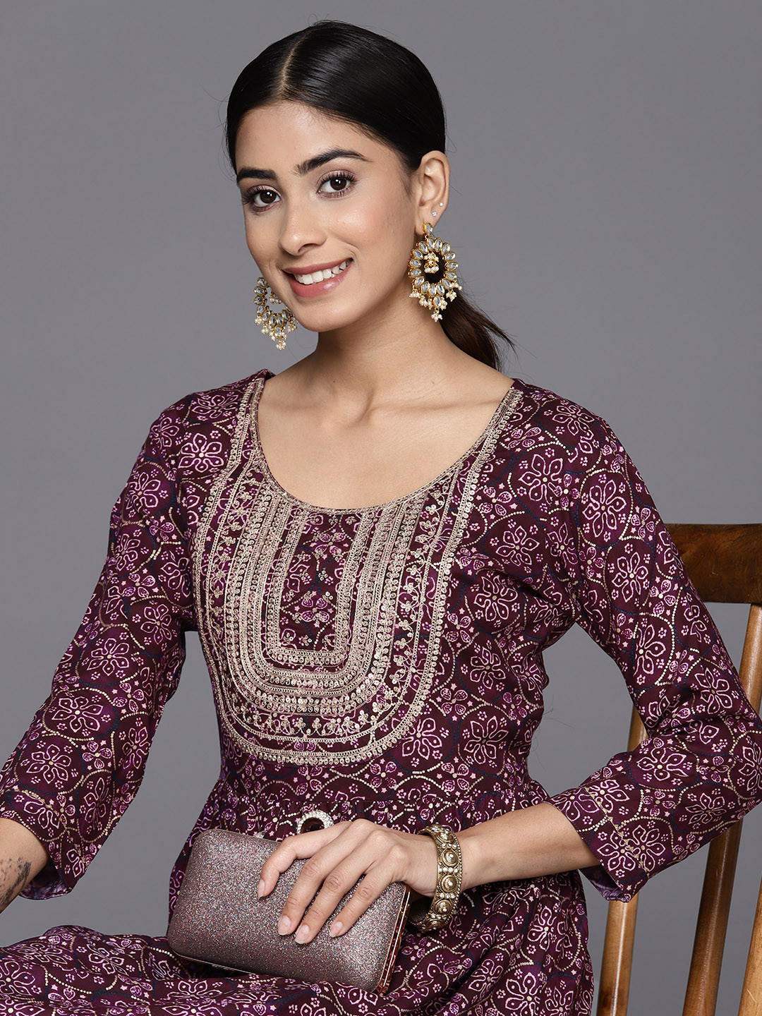 

Libas Ethnic Motifs Embellished Fit & Flare Midi Ethnic Dress, Purple