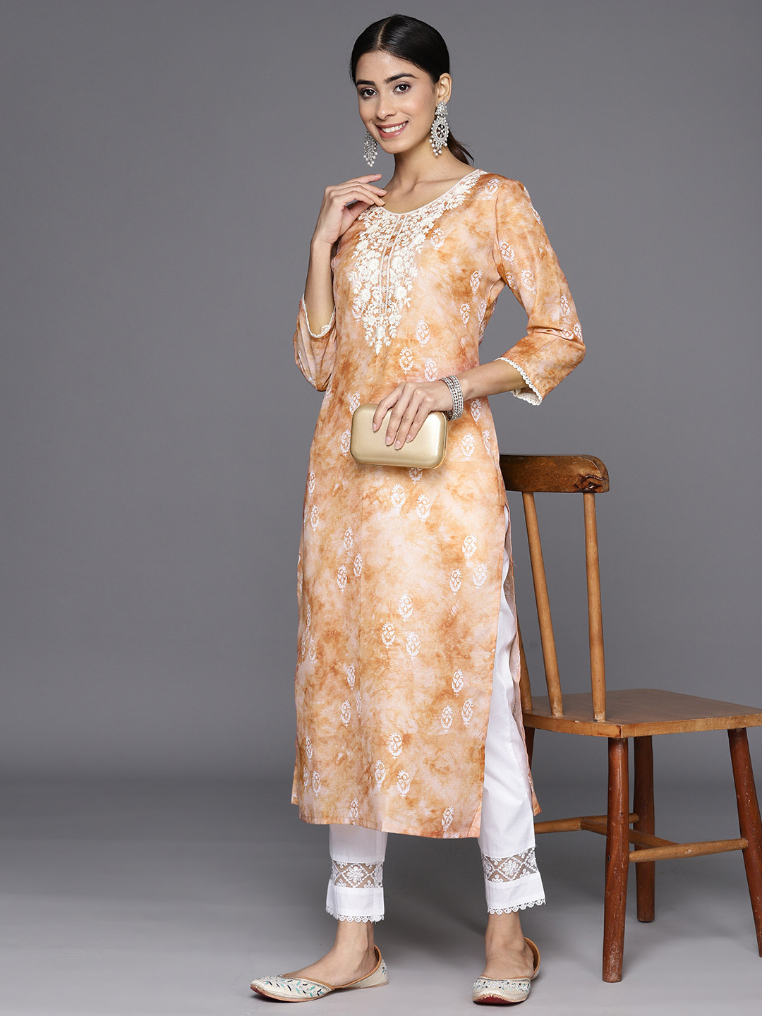 

Libas Women Floral Yoke Design Thread Work Kurta, Brown