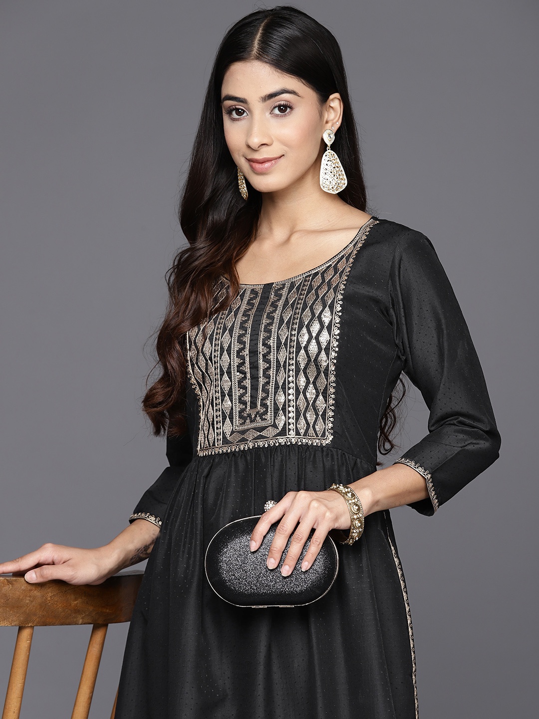 

Libas Geometric Yoke Design Sequinned Kurta, Black