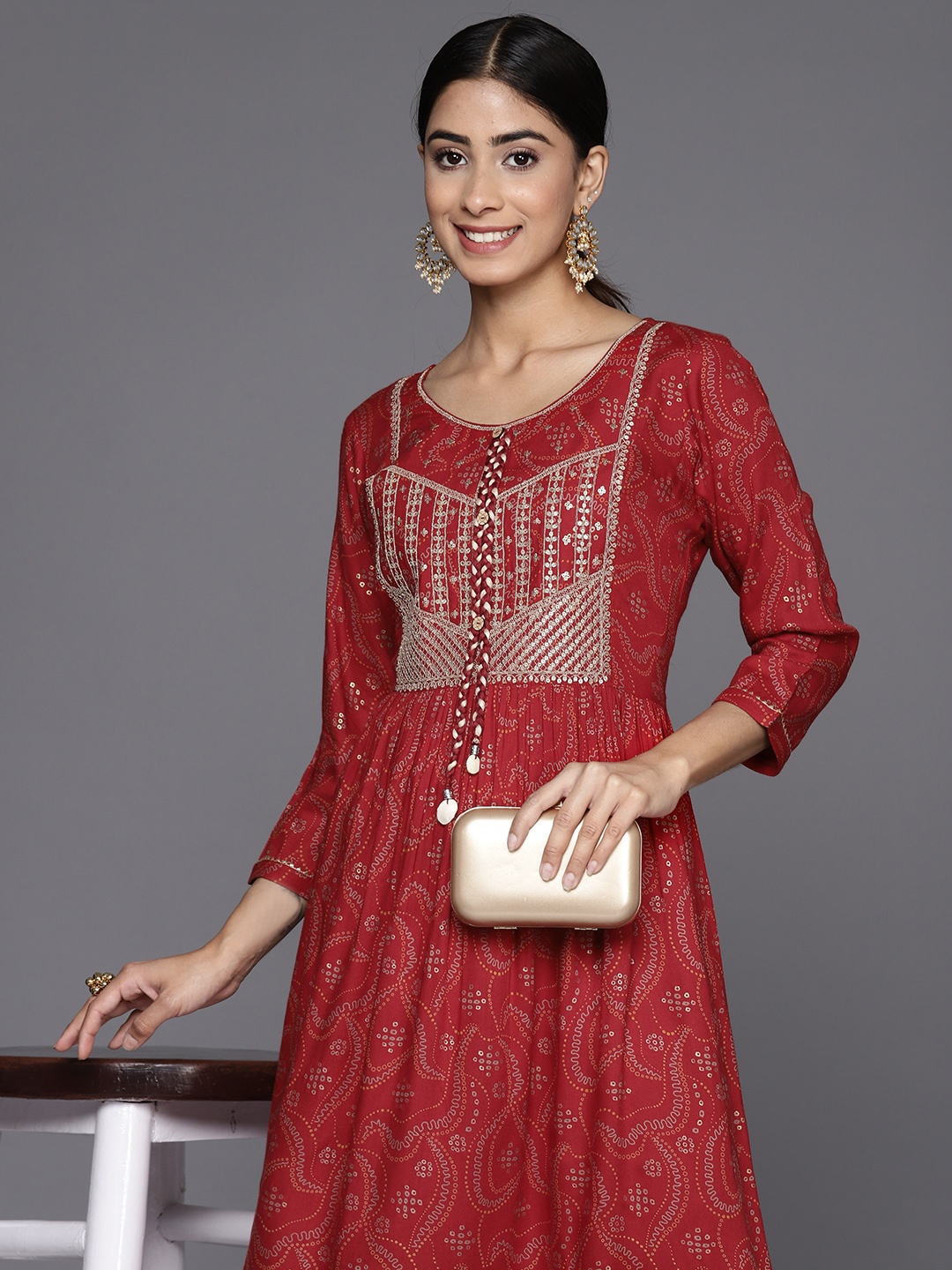 

Libas Ethnic Motifs Embellished Fit & Flare Midi Ethnic Dress, Red