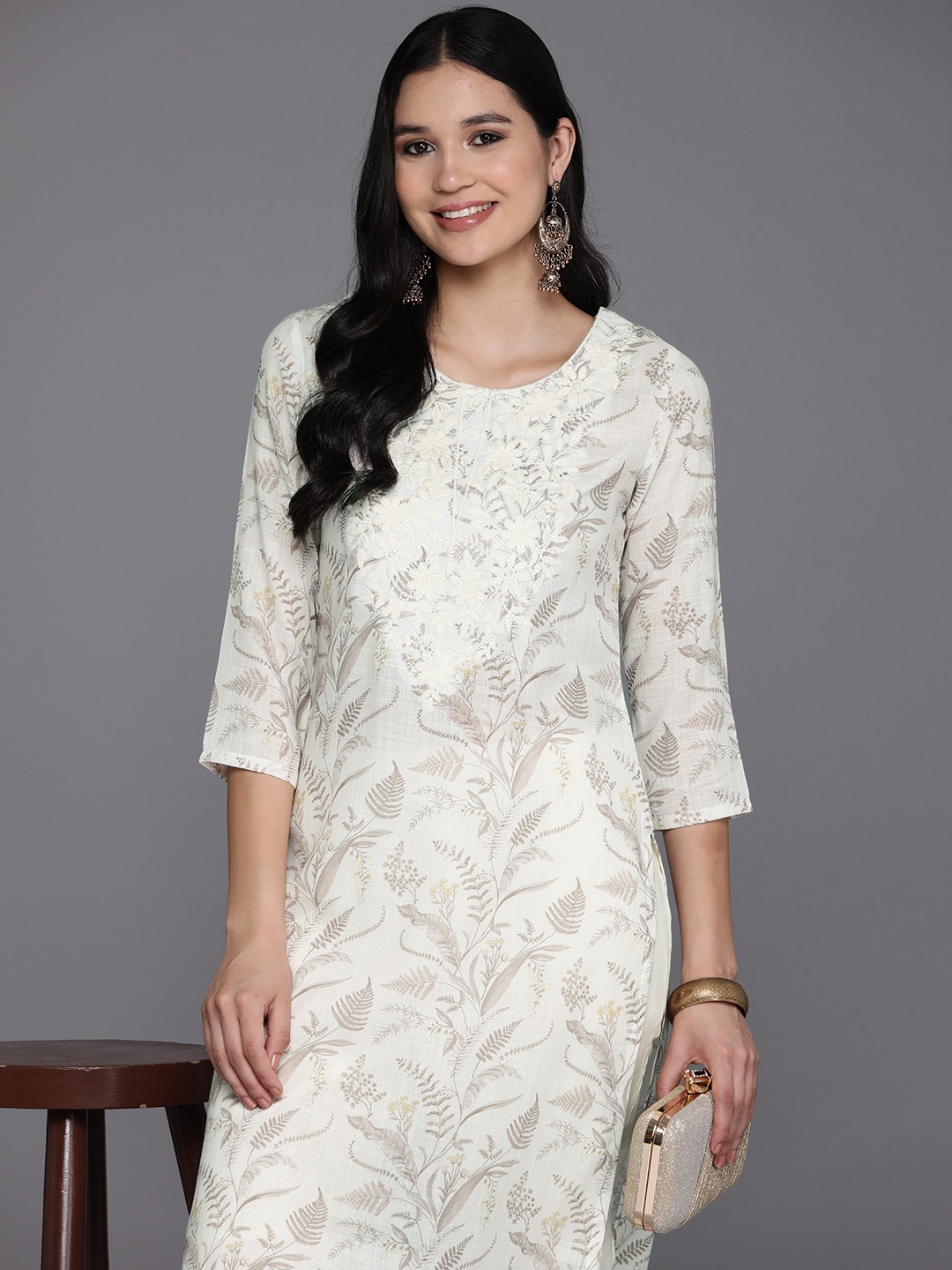 

Libas Floral Yoke Design Thread Work Pure Cotton Kurta, Off white