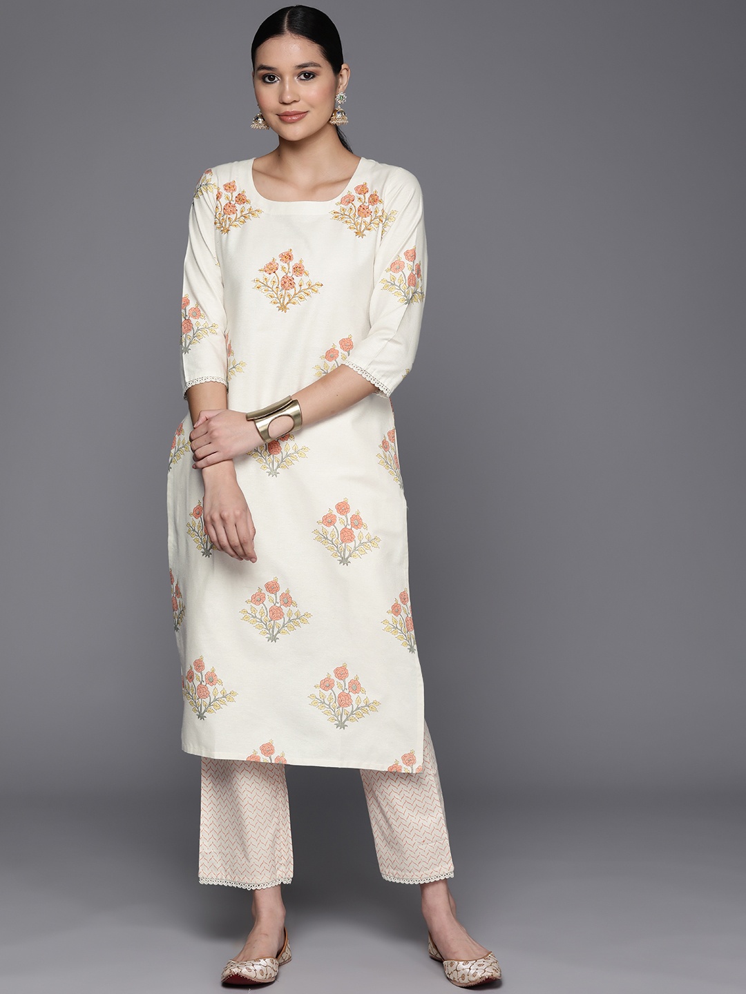 

Libas Floral Printed Sequinned Kurta With Trousers, Off white