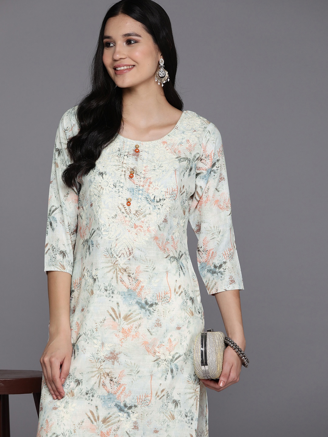 

Libas Floral Yoke Design Thread Work Pure Cotton Kurta, Off white
