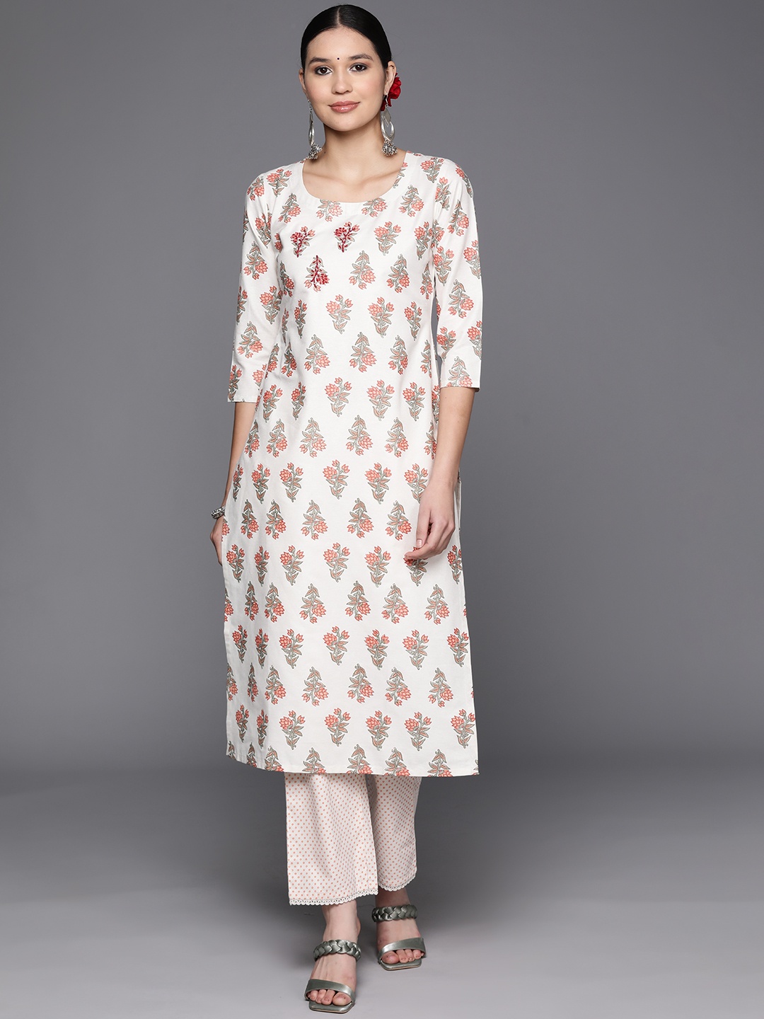 

Libas Floral Printed Regular Kurta with Trousers, Off white