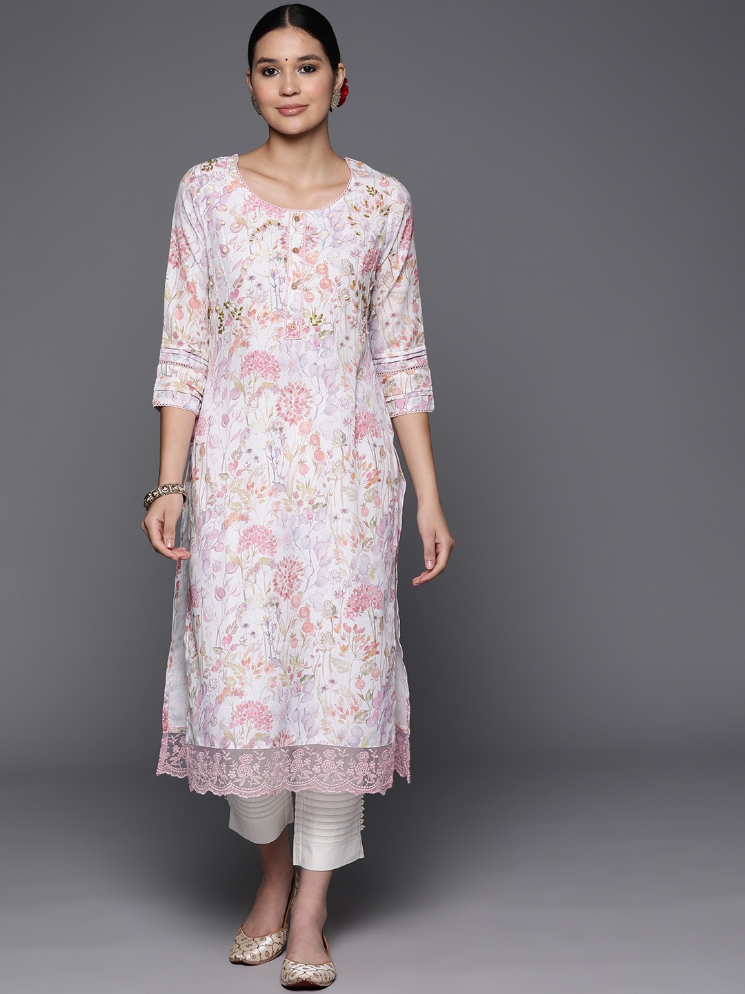 

Libas Floral Printed Cotton Embellished Kurta, Off white