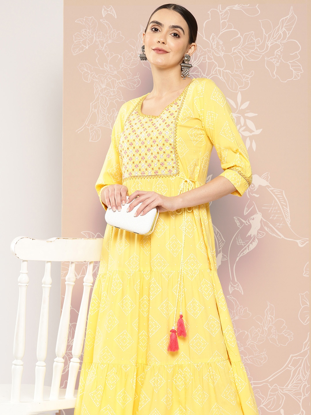 

Libas Ethnic Motifs Embroidered Puff Sleeves Fit & Flare Maxi Ethnic Dress, Yellow