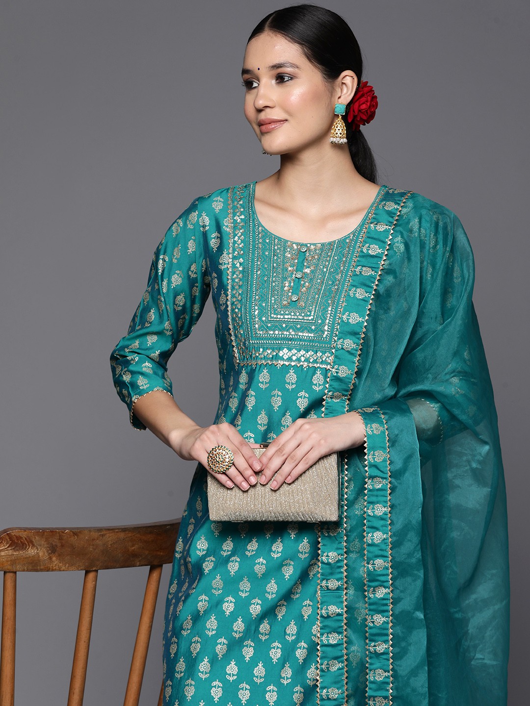 

Libas Floral Yoke Design Regular Gotta Patti Kurta with Trousers & Dupatta, Teal