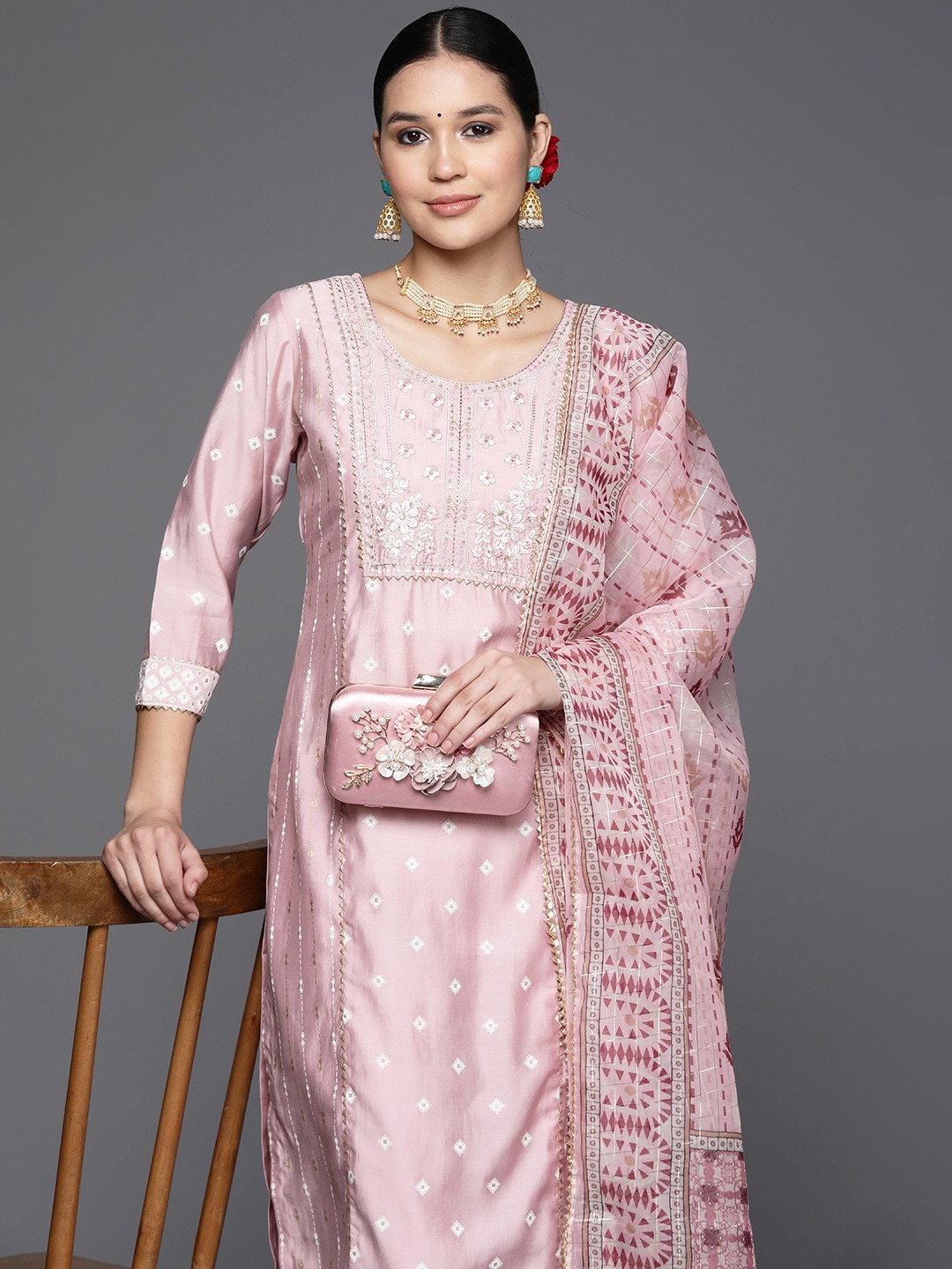 

Libas Ethnic Motifs Yoke Design Regular Gotta Patti Kurta with Trousers & With Dupatta, Pink