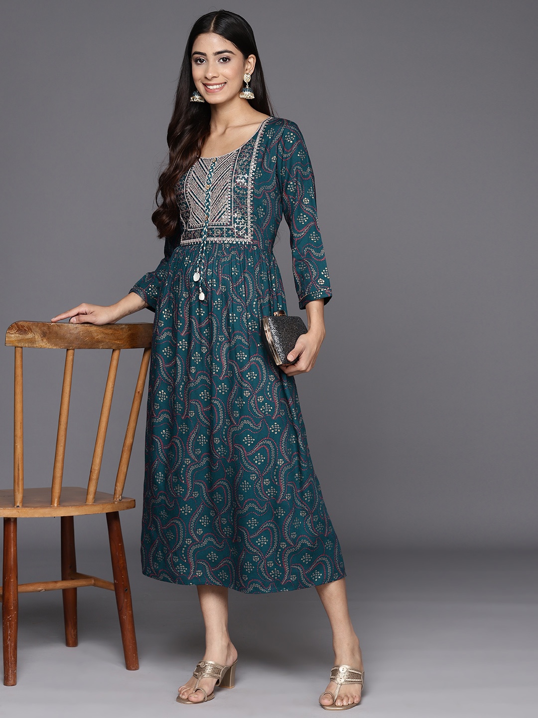 

Libas Ethnic Motifs Embellished Fit & Flare Midi Ethnic Dress, Teal