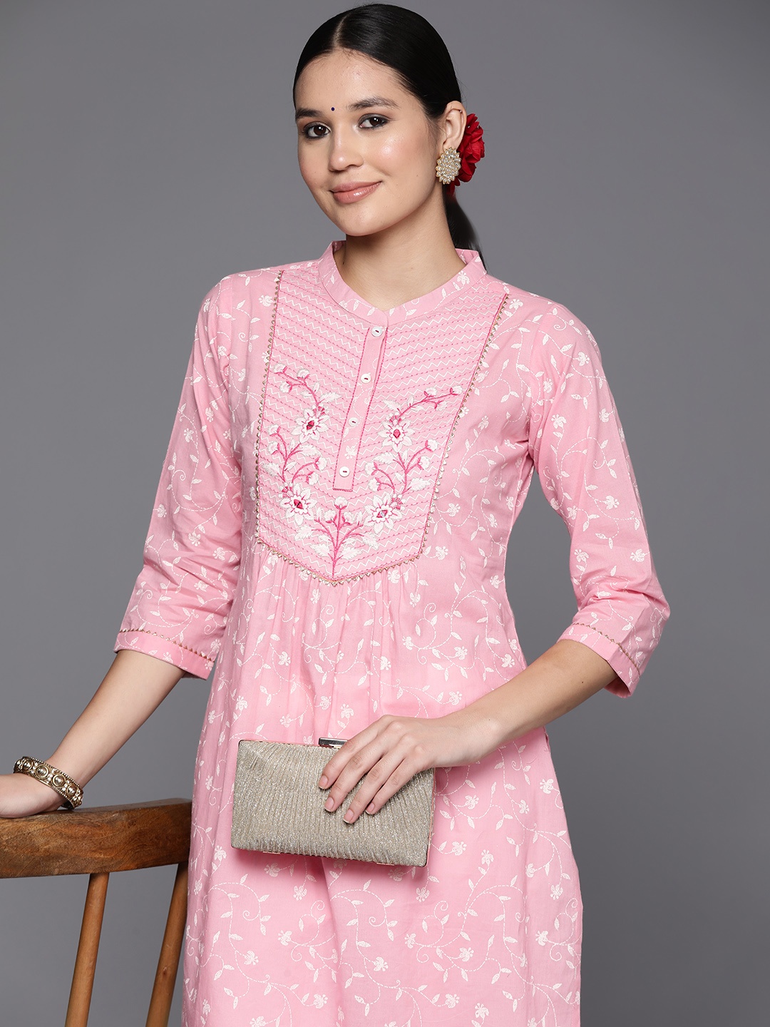 

Libas Floral Yoke Design Gotta Patti Cotton Kurta, Pink