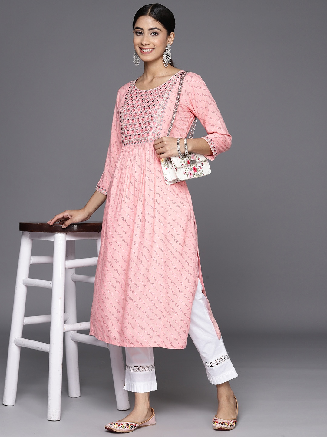 

Libas Women Bandhani Yoke Design Sequinned Pastels Kurta, Pink
