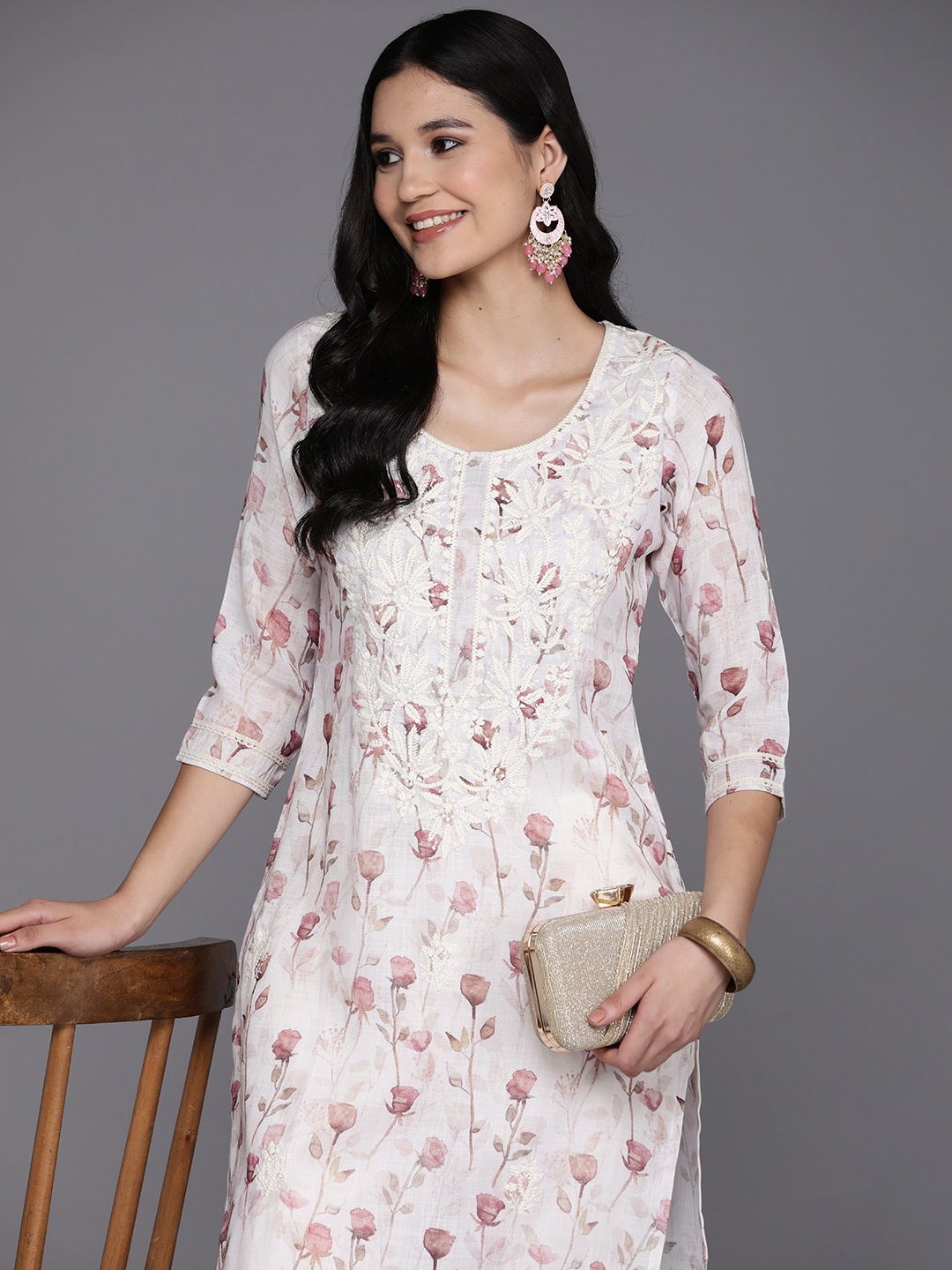 

Libas Floral Yoke Design Thread Work Pure Cotton Kurta, Off white