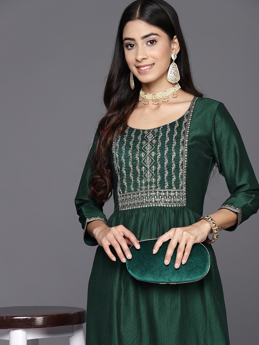 

Libas Yoke Design Sequinned Kurta, Green