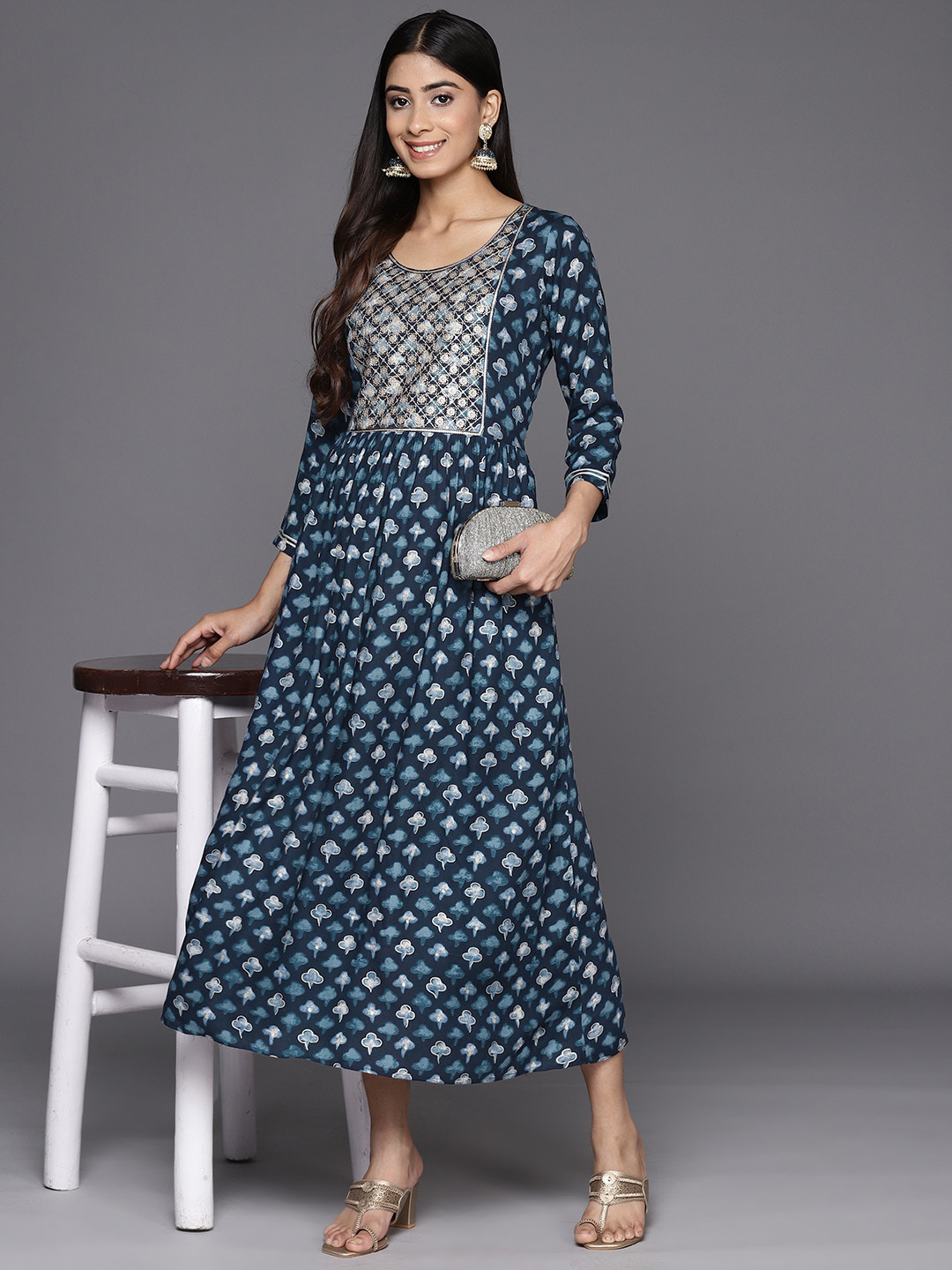 

Libas Ethnic Motifs Embellished Fit & Flare Midi Ethnic Dress, Navy blue